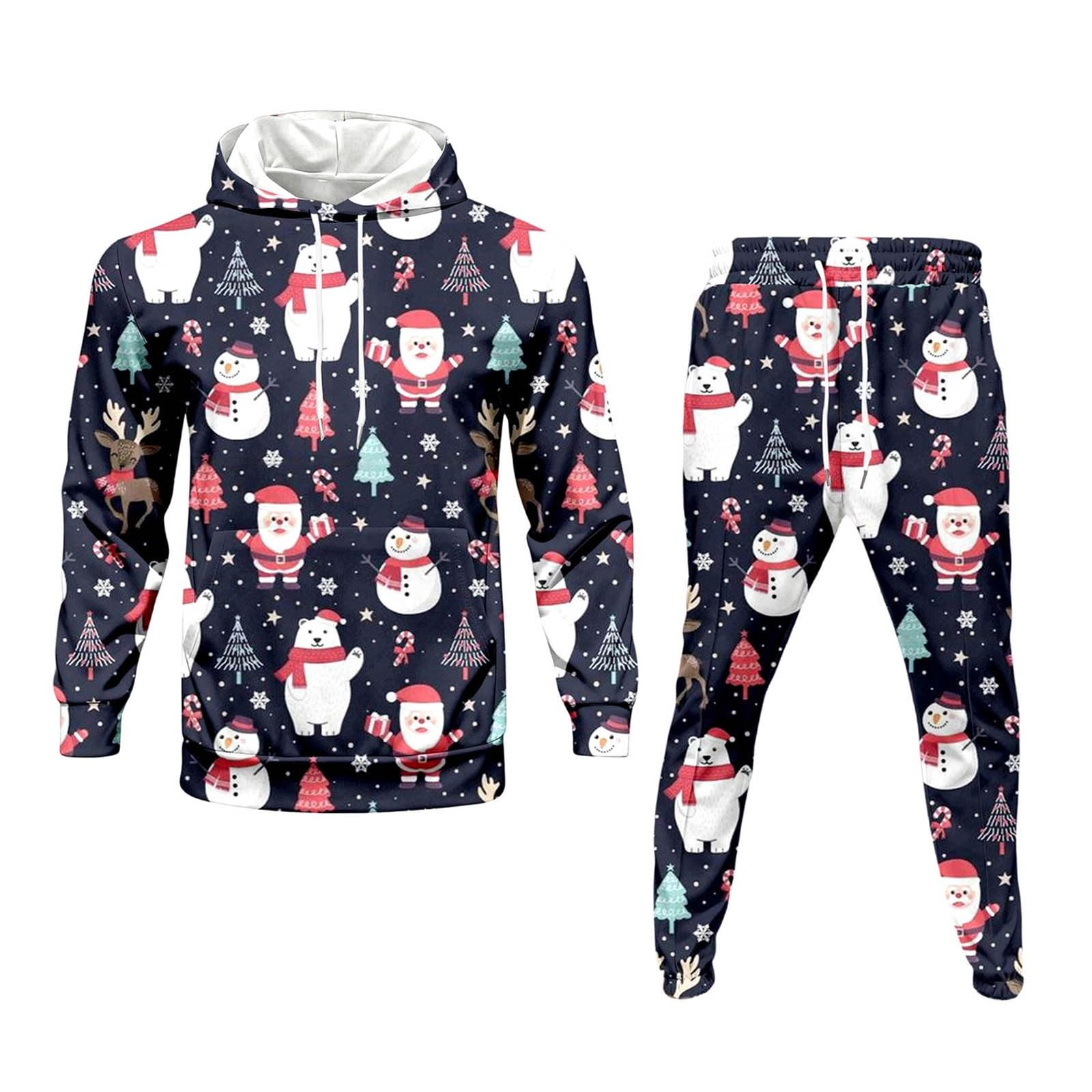 Generisch Tuta natalizia da uomo, per jogging, Natale, set di tute da allenamento, per feste, casual, per Natale, 2 pezzi, con stampa divertente, con felpa in pile + pantaloni da jogging
