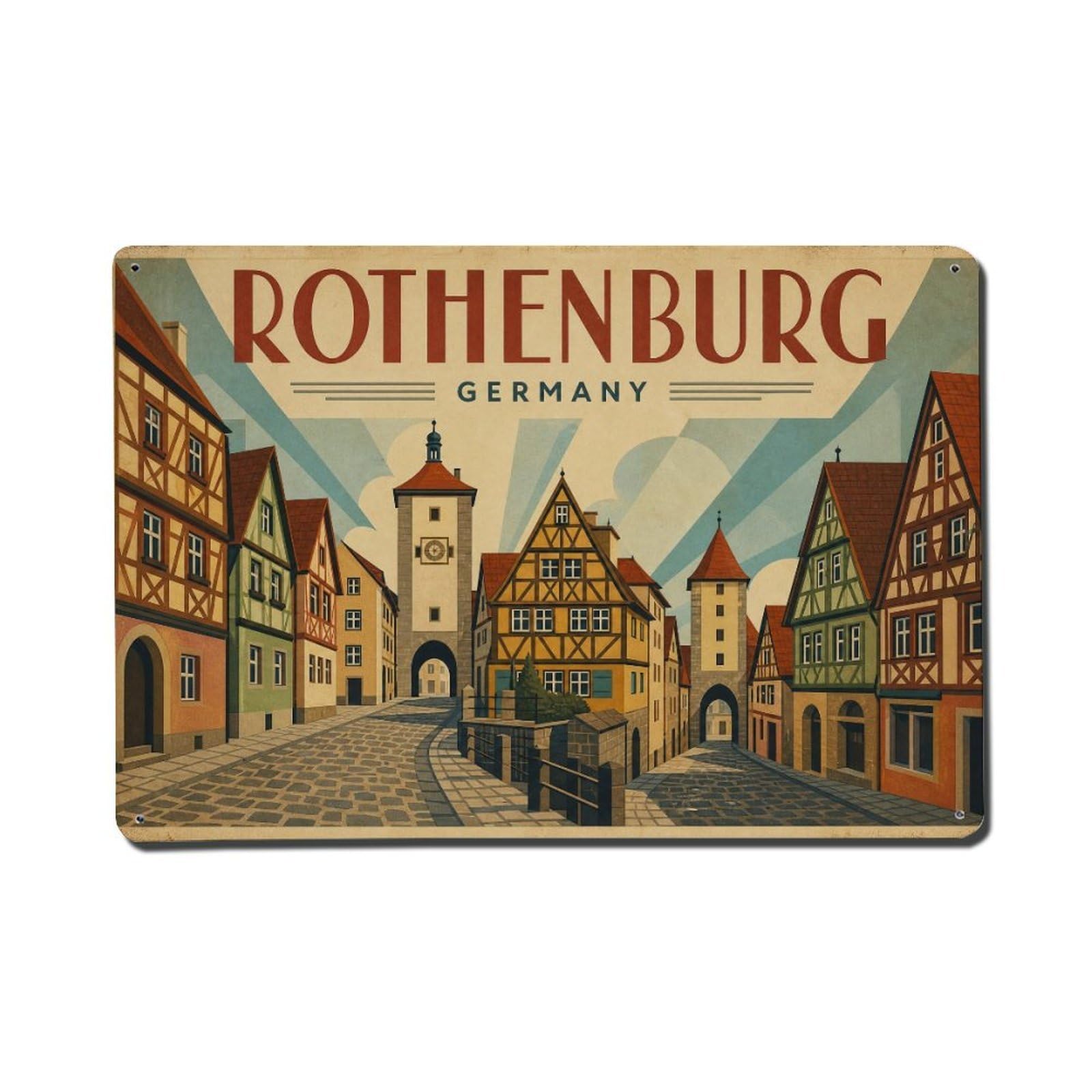 Travel Vintage Germany Rothenburg Metal Tin Sign Plaque Wall Decor for Cafe, Club Bar, Office, Garden Metal Poster 8x12Inch