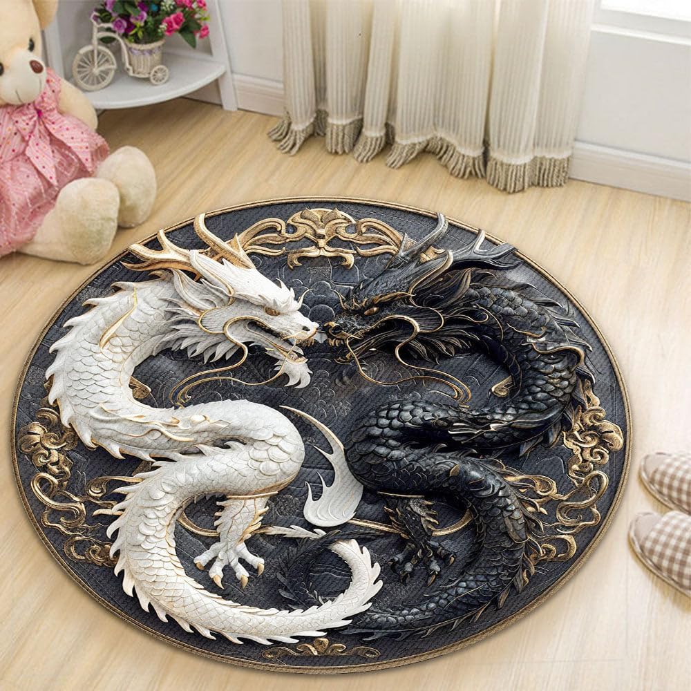 Personalized 3D Yin Yang Asian Dragon Element Area Rug, Anti-Skid Lounge Mat, Indoor Decorative Throw Carpet, Suitable for Leisure Area Bedside Accessories Cloakroom, White and Black Dragon -4