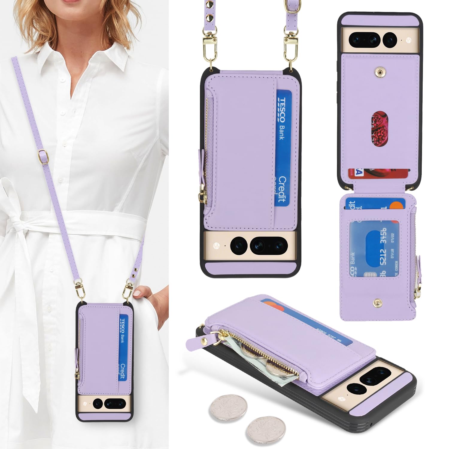 Cavor Compatible with Google Pixel 7 Pro Case Wallet, Pixel 7 Pro Crossbody Phone Case with Strap, Wallet Cover for Women,Leather Zipper Pocket Card