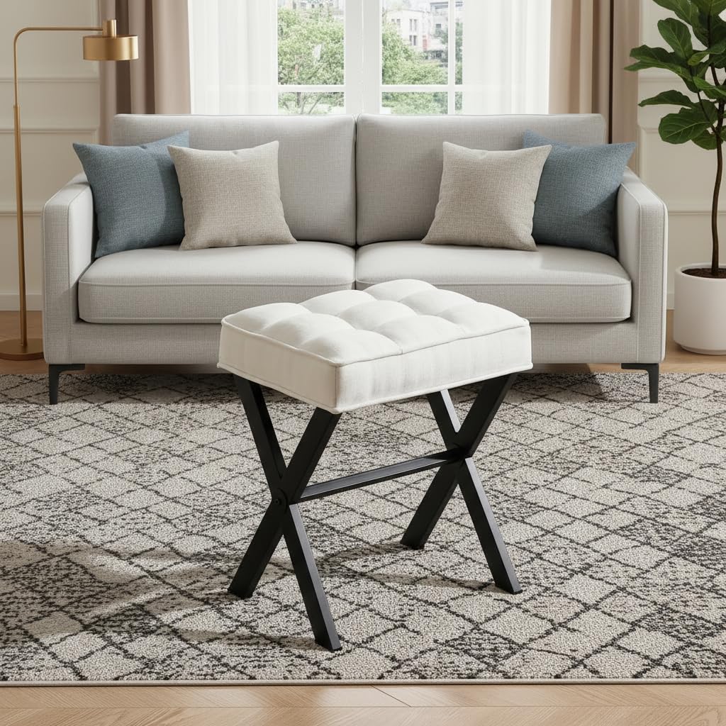 Klappbarer Fußhockel und moderner Fußhockel mit X-Beinen, Make-up-Hocker, gepolsterter Hocker für Wohnzimmer, Schlafzimmer(X-Wohnzimmer, Schwarze Hockerbeine gepaart mit weißer Leinen)