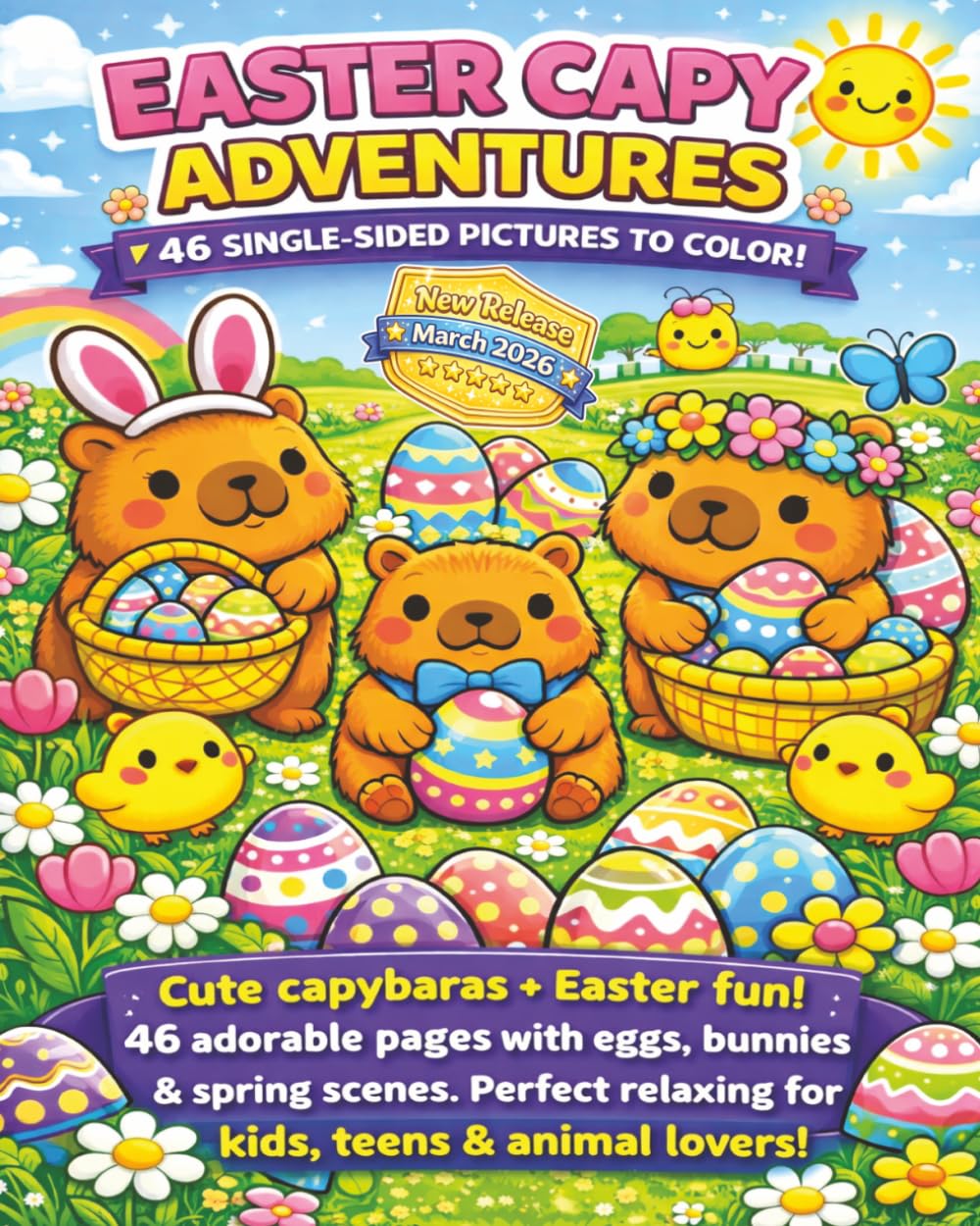 Easter Capy Adventures: Cute Capybara Easter Fun with Eggs, Bunnies, Baskets, Spring Flowers and Adorable Holiday Adventures — 46 Single-Sided ... Scenes Perfect for Kids, Teens, or Anyone