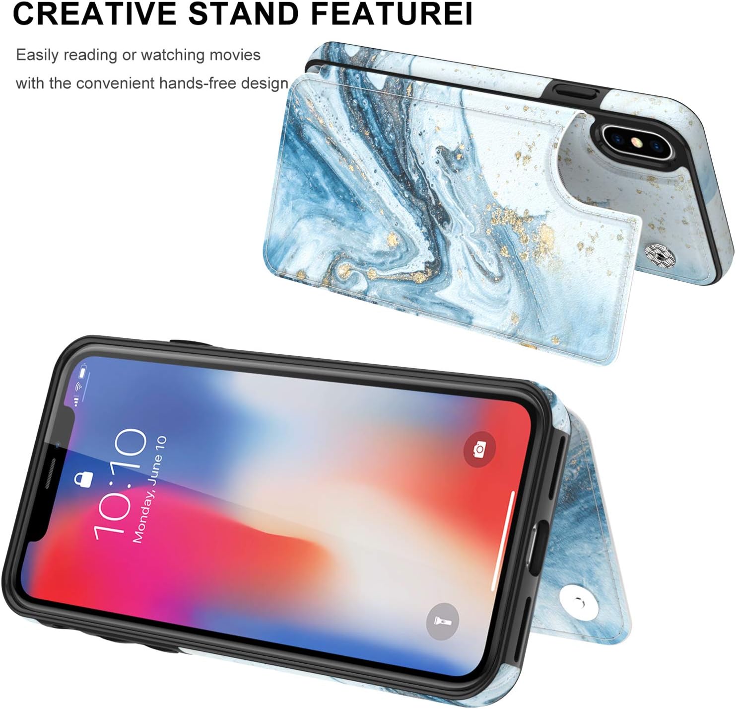 LETO iPhone Xs Max Case,Leather Wallet Case with Fashionable Flower Designs for Girls Women,Flip Folio Cover with Card Slots Kickstand,Protective Phone Case for iPhone Xs Max Opal Blue Marble