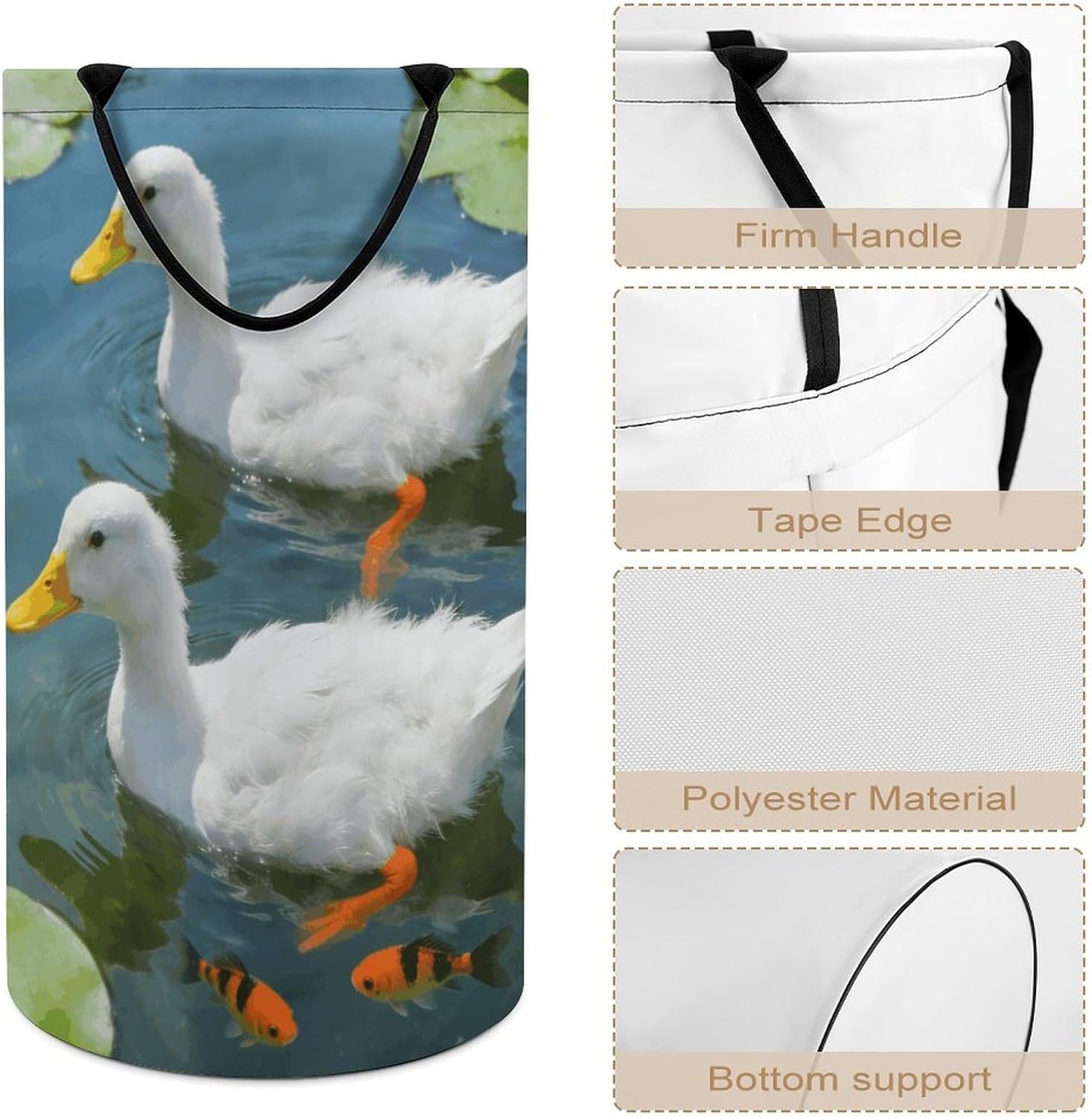 Two Ducks Laundry Hamper with Handles Waterproof Collapsible Laundry Basket Large Lightweight Round Dirty Clothes Hamper for Home Dorm Bathroom Decor