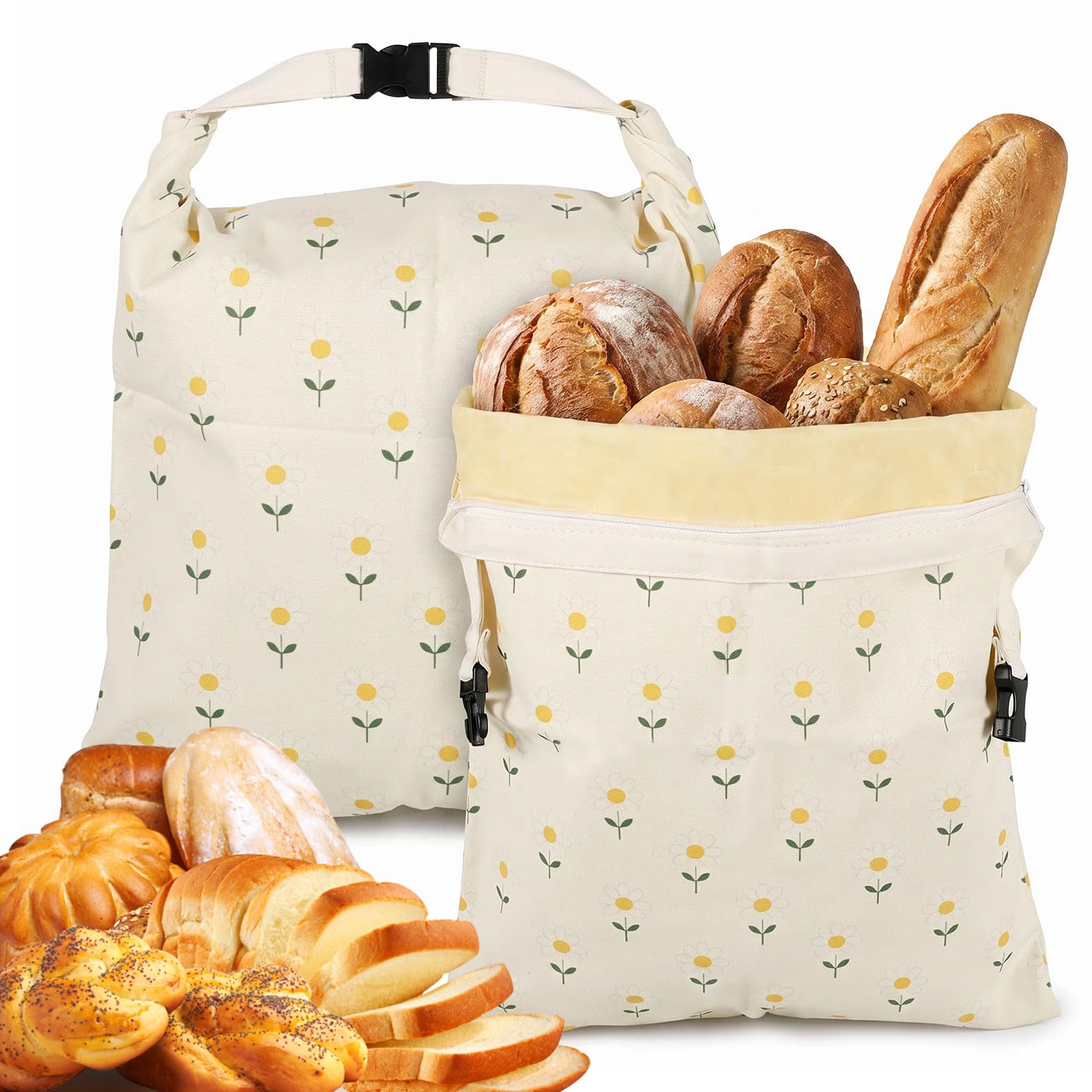 2 Pcs Beeswax Bread Bag with Zipper and Buckle Reusable Cotton Bread Storage Pouch for Sourdough Fruit and Cheese