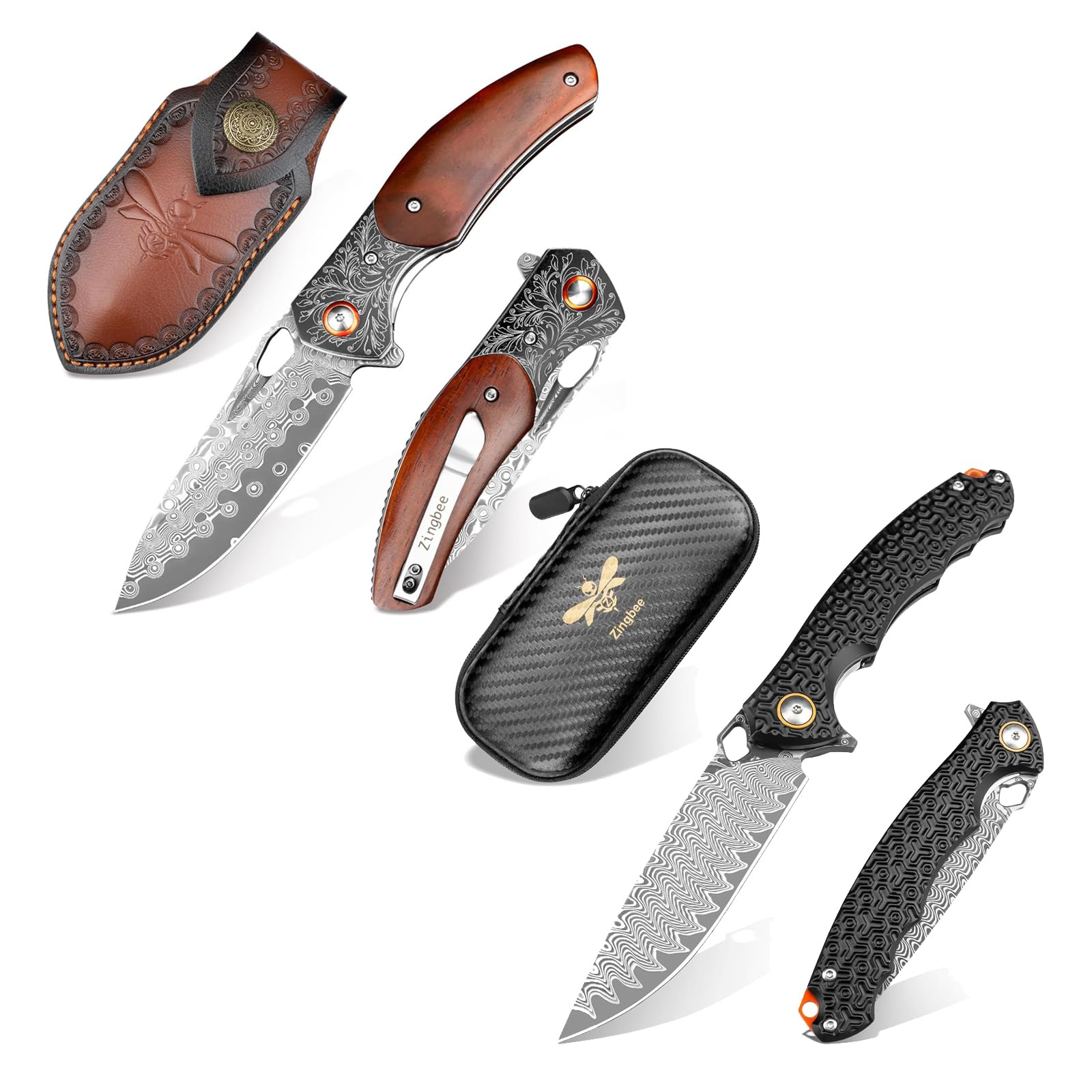 Zingbee 3.15" Damascus Steel Blade Knife & 3.35" Damascus Pocket Knife with Sheath