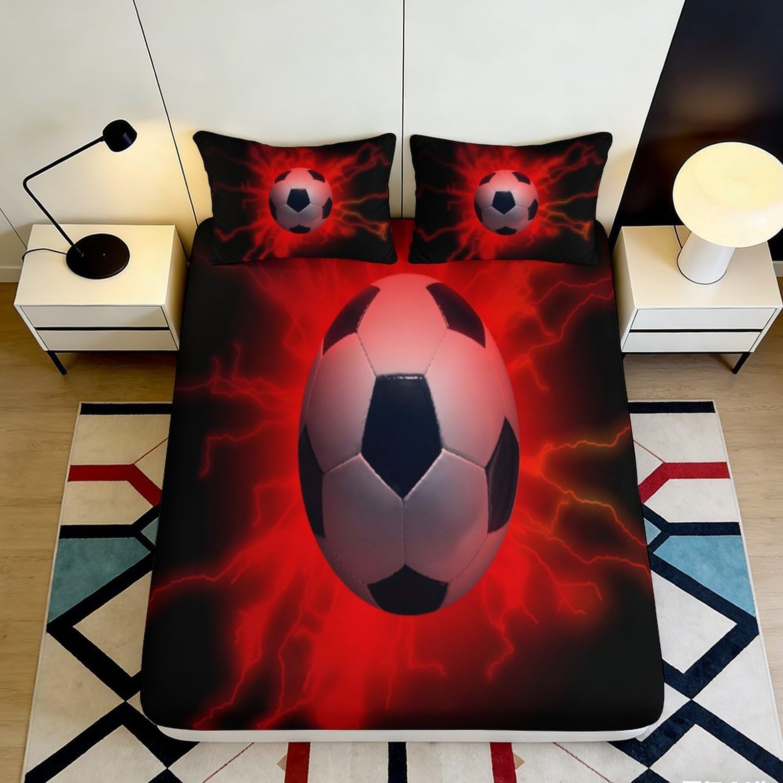 Jqzkxnhpbr Style-3 3D Printed Red Soccer Ball Fitted Sheet Microfiber Soft Black Fire Bed Cover For Bedroom Dorm Mattress Decor Easy Care 90X200x25cm