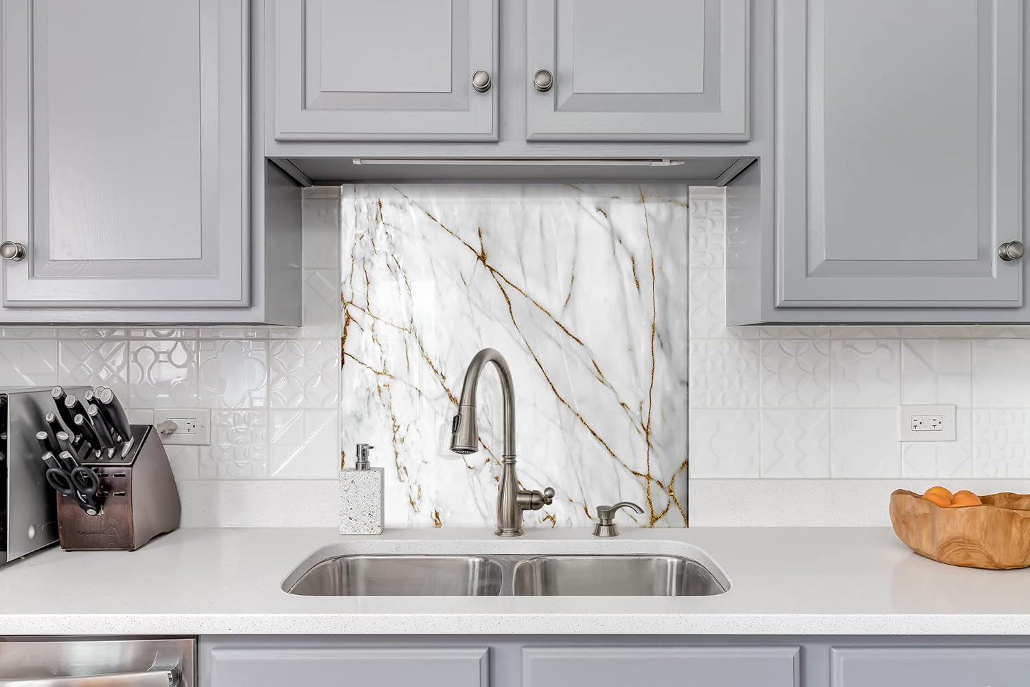 Myphotostation White and Gold Marble Tempered Glass Backsplash 23.5Wx12H'' Abstract Splashback for Kitchen Wall Decor Bathroom Wall Protector Stove Backsplash Panel Tile Glass Splashback Kitchen