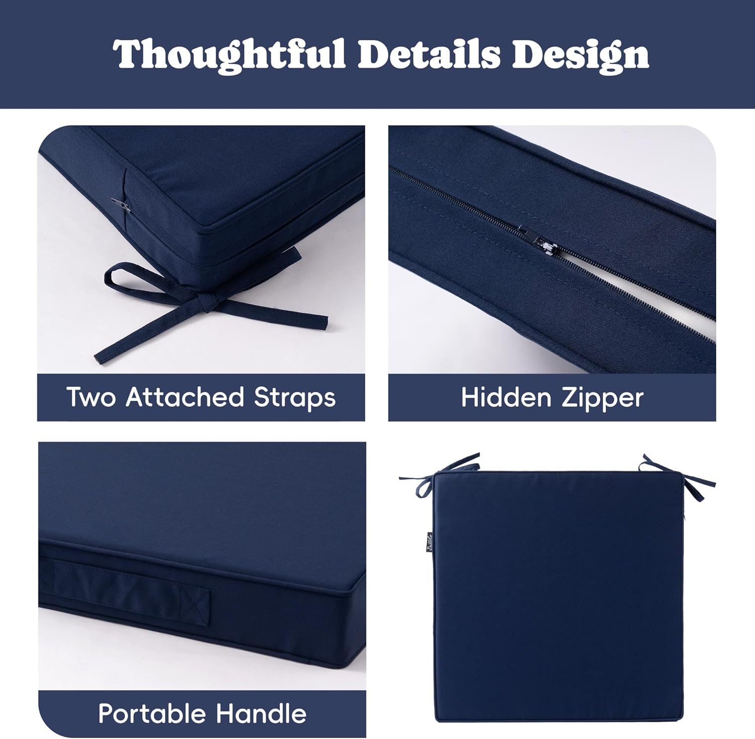 Battilo Outdoor Chair Cushions Set of 2, Waterproof Fade Resistant Seat Cushions for Patio Furniture, Patio Chair Cushion with Handle and Ties for Garden Sofa Couch, 19" x 19" x 3", Navy Blue