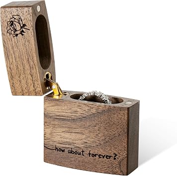Curved Edge Proposal Ring Box Slim Flat Carrying Around Ring Case | Engrave"How about forever?", Walnut Wooden Special Shape Ring Box for Pleasant Surprise Birthday Anniversary Travel Ideas