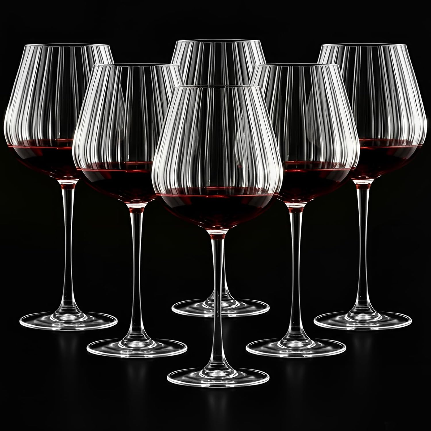 Set of 6 Ribbed Wine Glasses, Stemmed Wine Glasses, Vintage Ribbed Glassware Sets for Red White, Champagne Sparkling Tasting, Cocktail, Anniversary, Dinner Party, Wedding(20 oz,Burgundy) 20 oz Burgundy