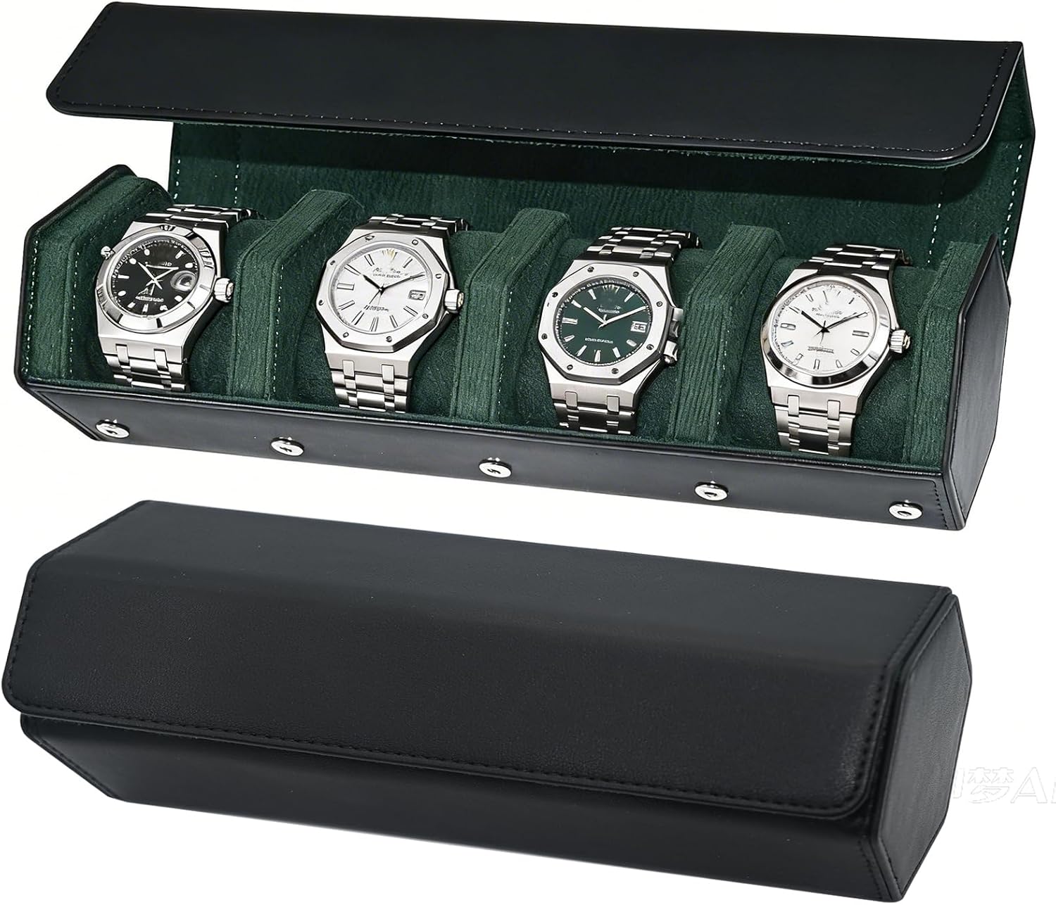 Leather Watch Roll for 4 Watches - Velvet-Lined Travel Case, Luxury Watch Rolls Organizer with Storage & Display for Men (4 Slot-Black Green)