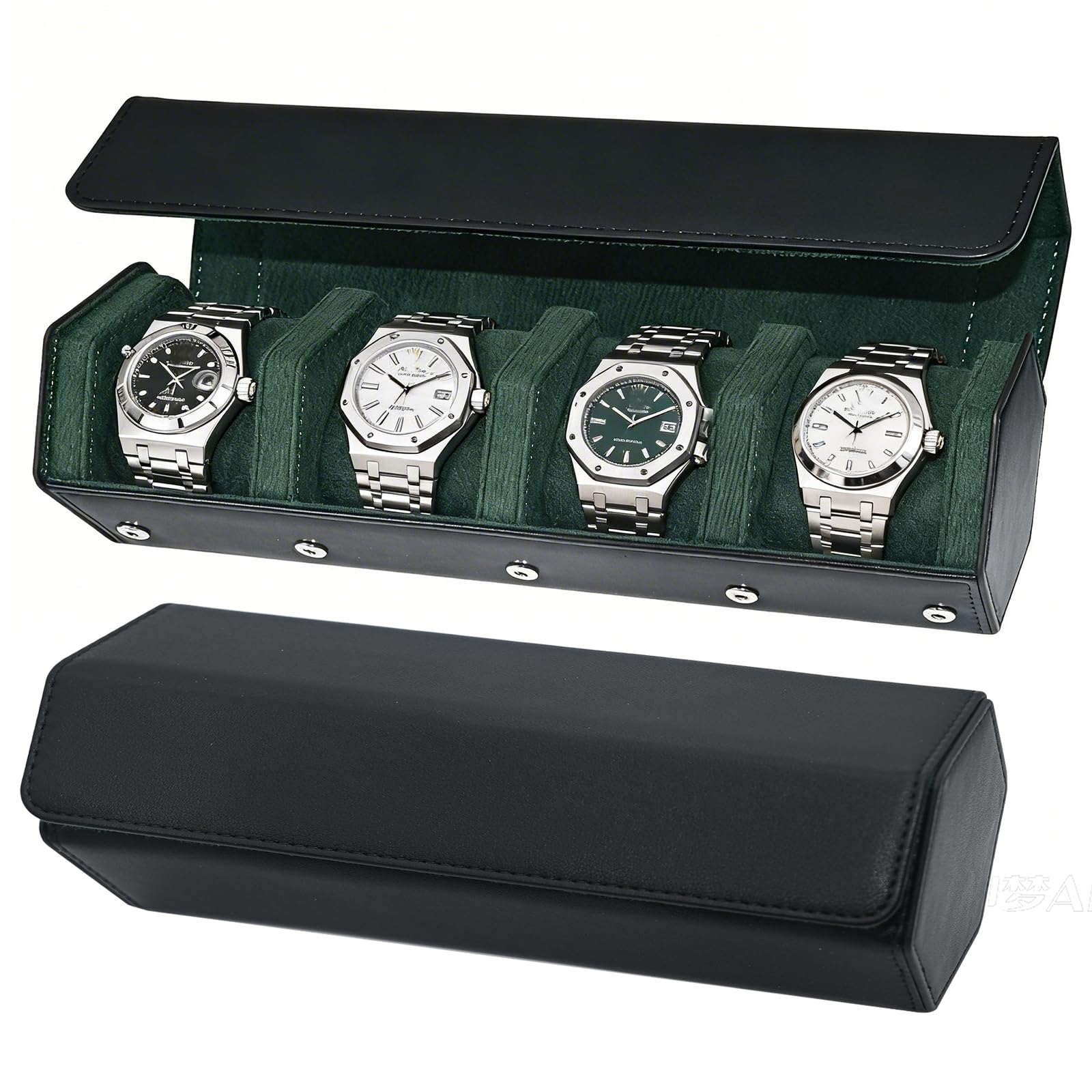 Rotolo per orologi in pelle per 4 orologi, custodia da viaggio foderata in velluto, organizer per orologi di lusso con stoccaggio ed esposizione, per uomo (4 scomparti, nero verde)