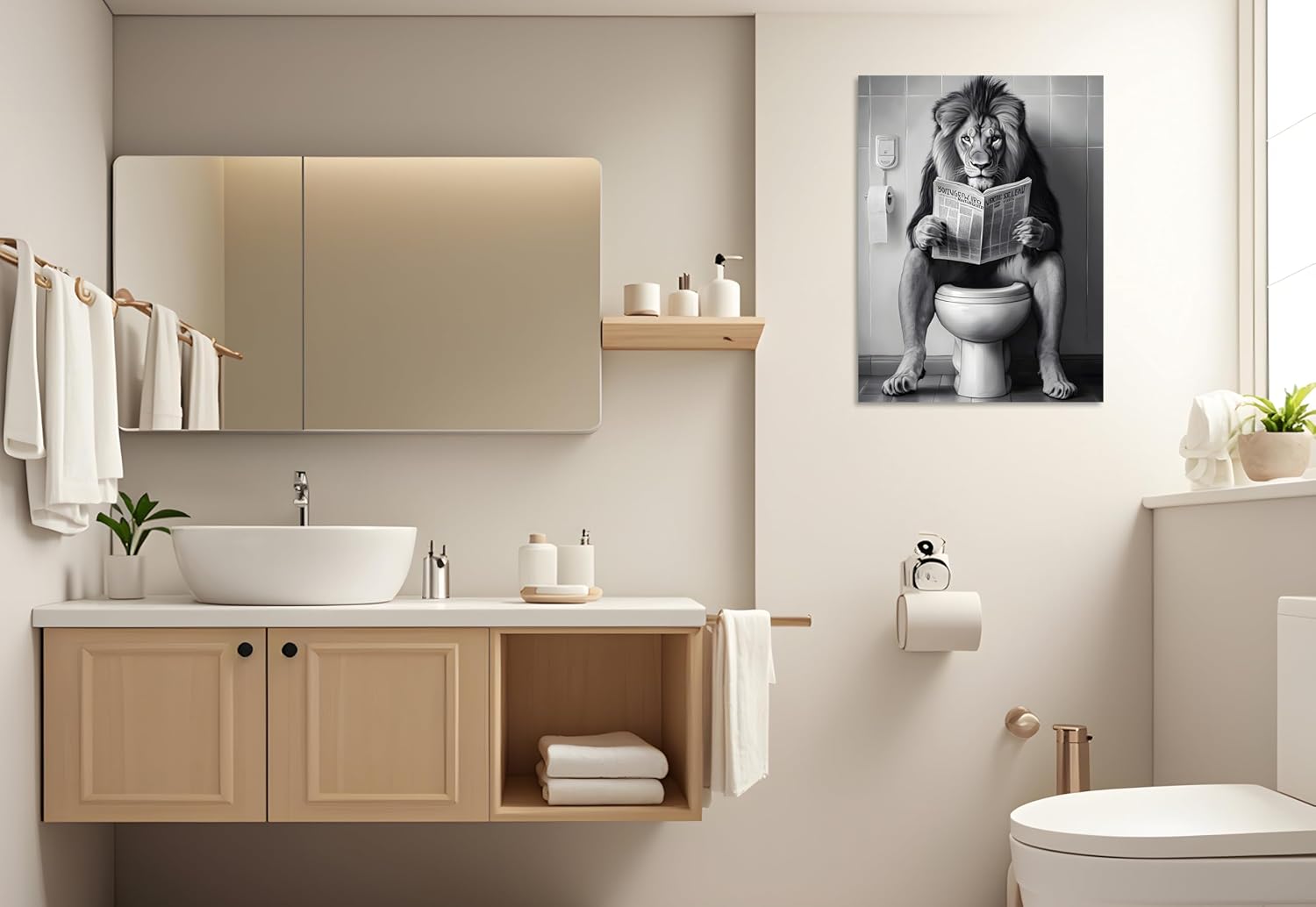 OWNANRTHM Lion Bathroom Canvas Wall Art Funny Animal Bathroom Wall Art Lion on Toilet Bathroom Painting Black and White Animal Bathroom Pictures for Bathroom Restroom Wall Framed 8X10 inch image 3