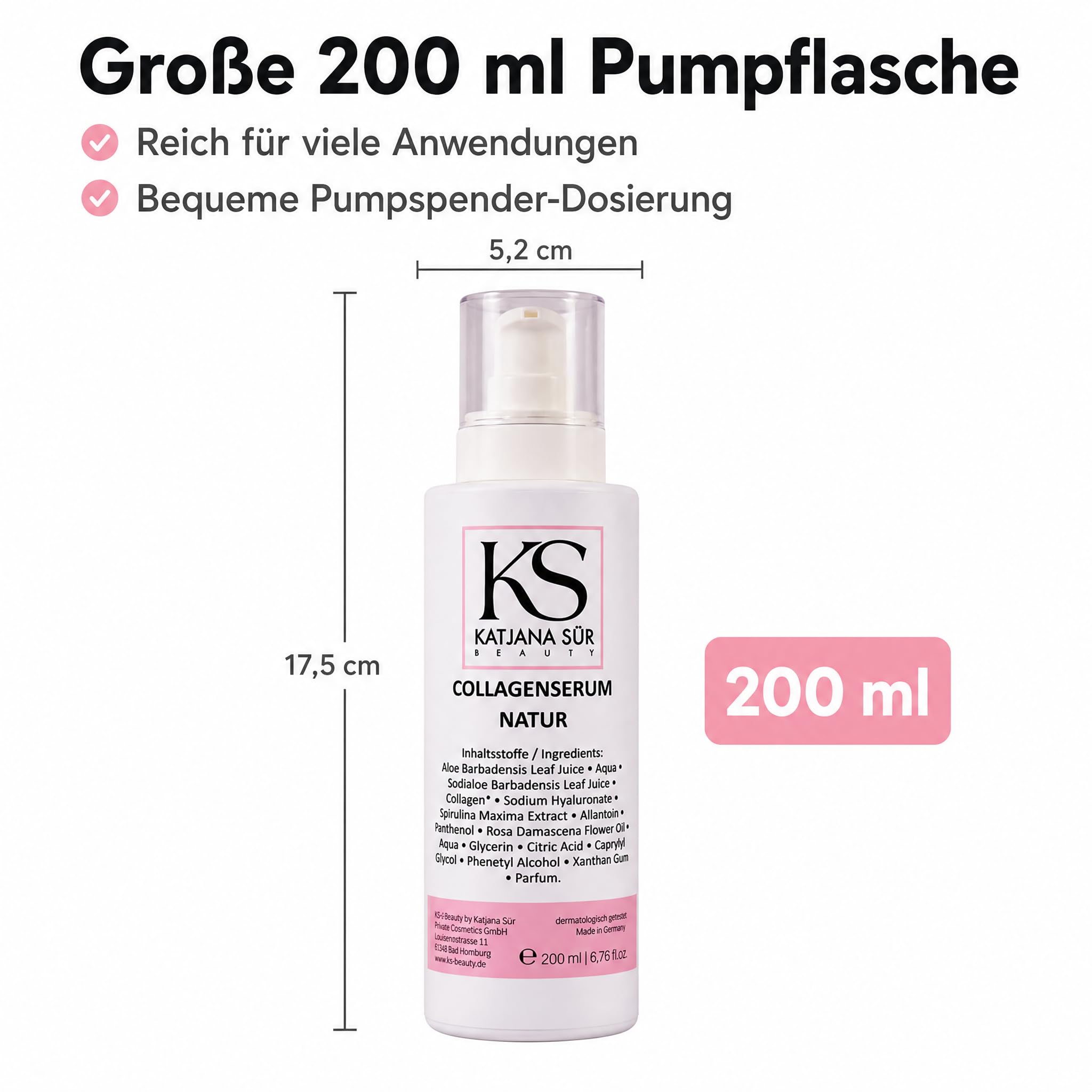 KS Beauty Collagen Serum Natur, Hyaluron & Aloe Vera, 200 ml | Feuchtigkeitsserum für Gesicht mit Rosenöl, Spirulina & Panthenol – dermatologisch getestet, Made in Germany
