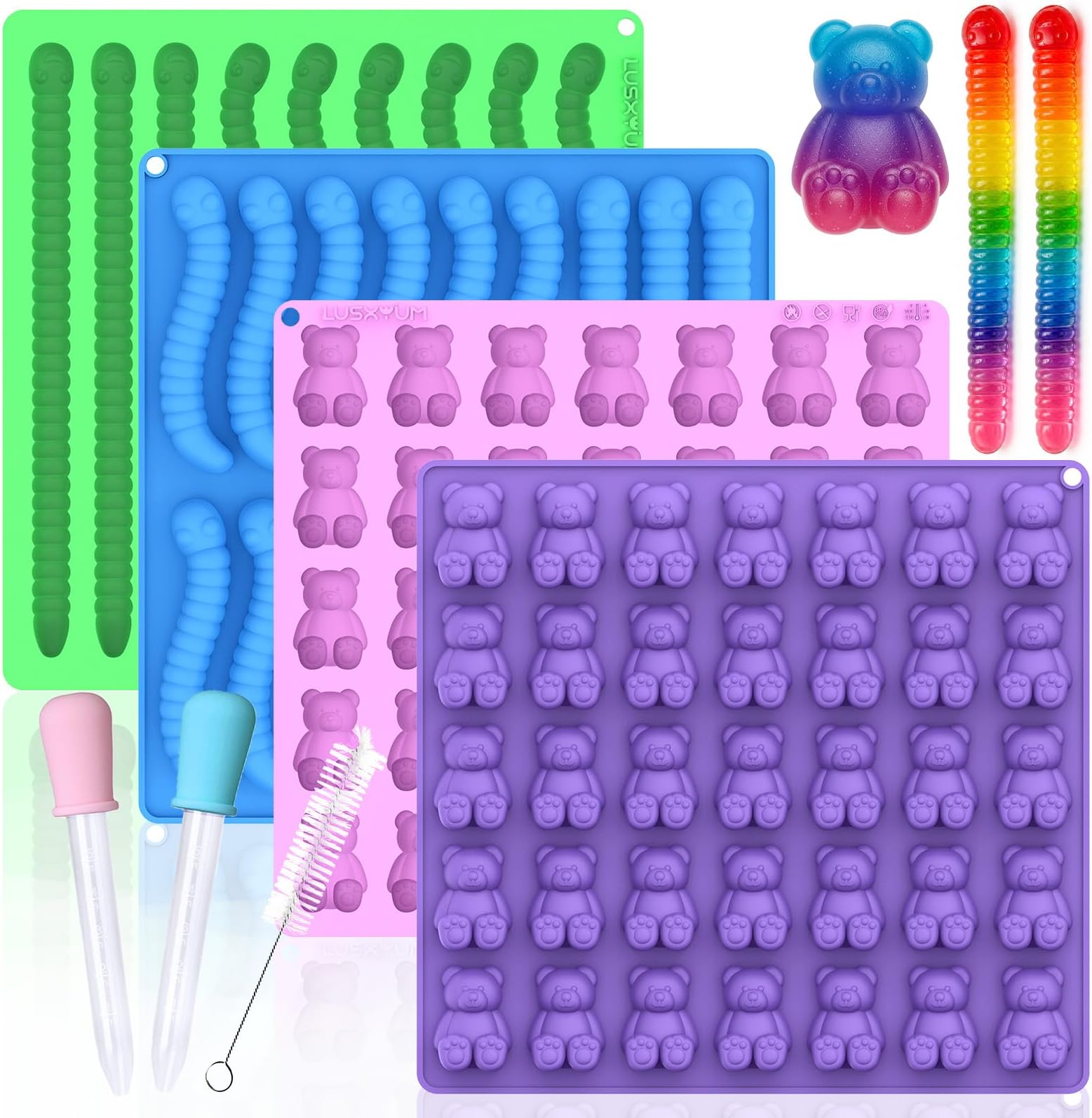 LUSHYUM Large Gummy Bear and Worm Mold Silicone, 4 PCS No Stick Chocolate Candy Gummy Molds for Edibles with 2 Droppers & Brush BPA-Free 100 Cavities, Ideal Gift for Kids Adult Halloween Party