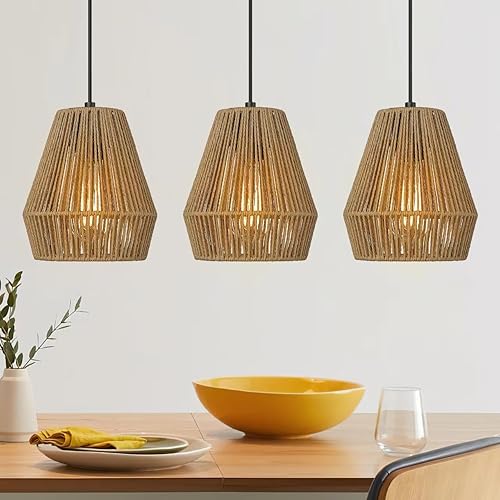 ELYONA 3 Pack Woven Pendant Lights, 7” Modern Boho Hanging
