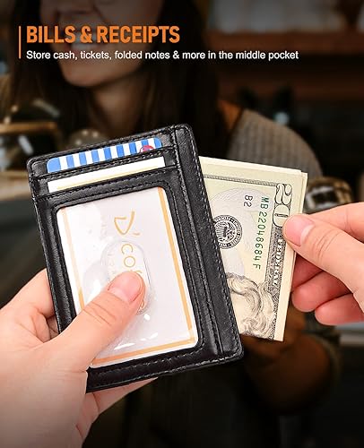 Miniatura 6 de Buffway - Billetera delgada minimalista de cuero con protección RFID para hombre y mujer, negro (Alaska Black)