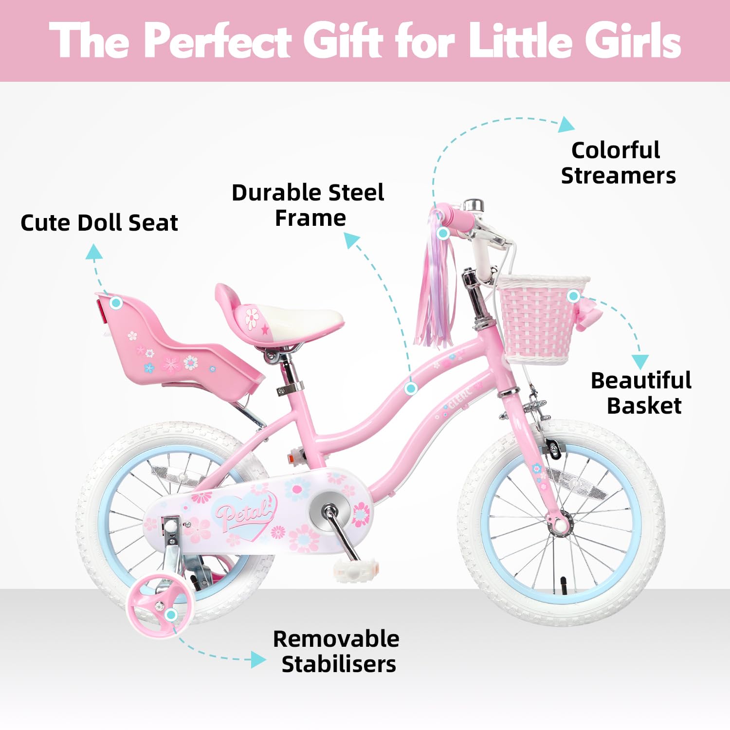 Bicicletta per Bambini 12 Pollici, Stile Principessa con Cestino e Rotelle di Supporto, Rosa