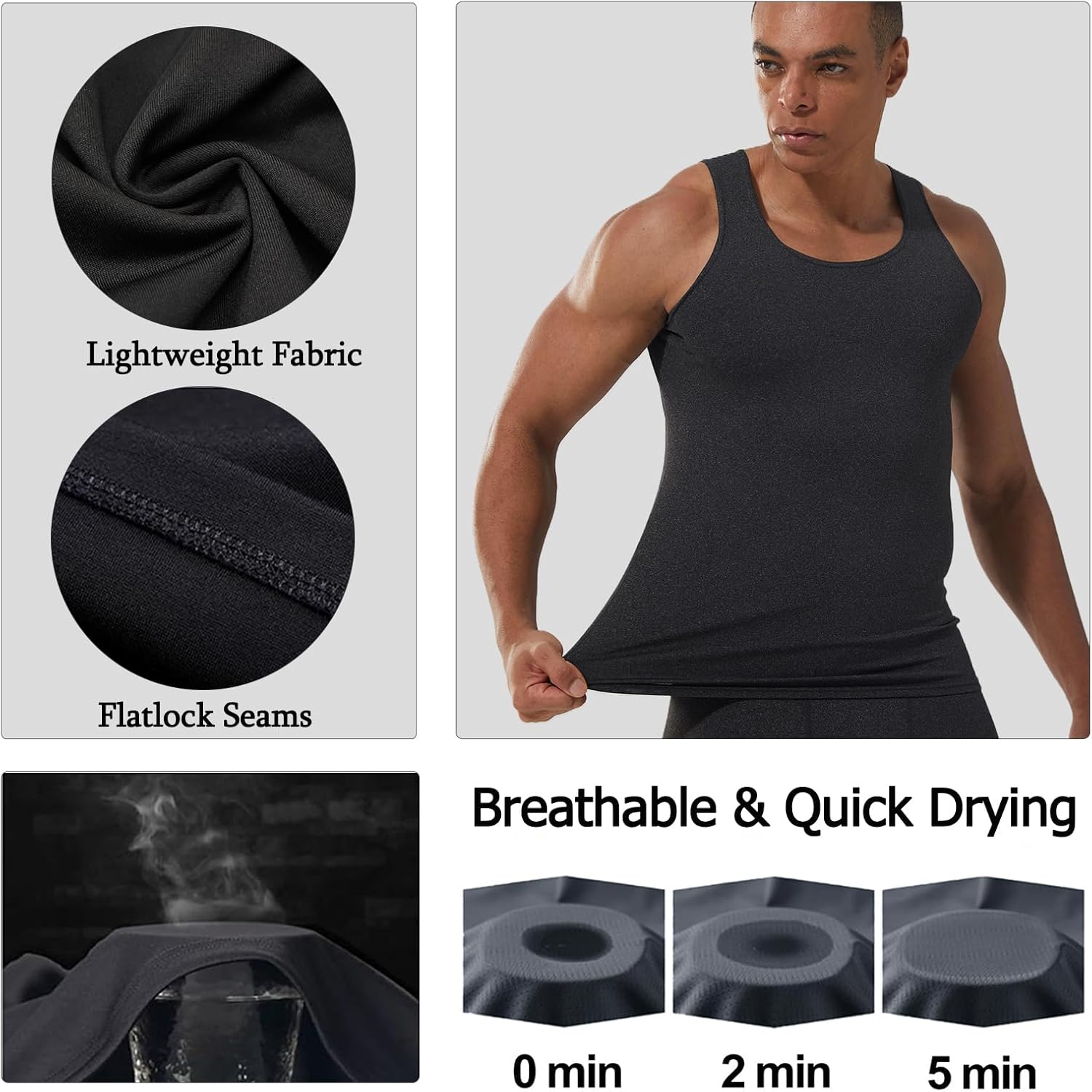 5-Pack Men's Heavyweight Compression Tank Tops - 210GSM Muscle Support Workout Shirts for HIIT and Gym (US Fit)