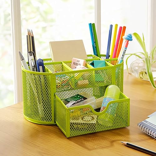 Miniatura 2 de VANRA Organizador de suministros de escritorio de malla de metal, organizador de suministros de oficina, 8 compartimentos con cajón (verde)