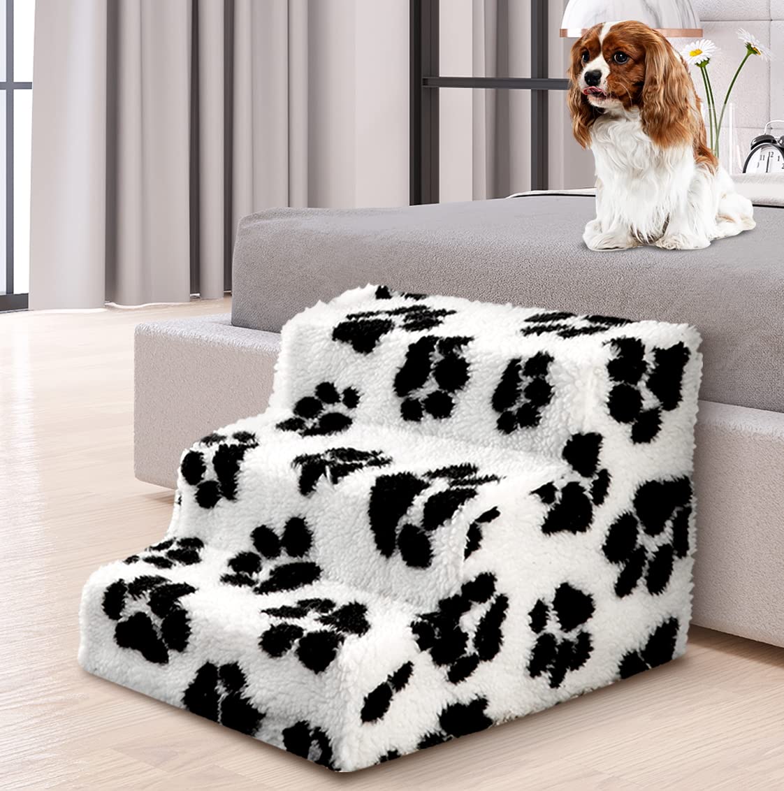 Bundaloo Dog Stairs for High Beds, Steps for Smaller Pets with Removable and Washable Cover, No Tools Required (Paw Print)