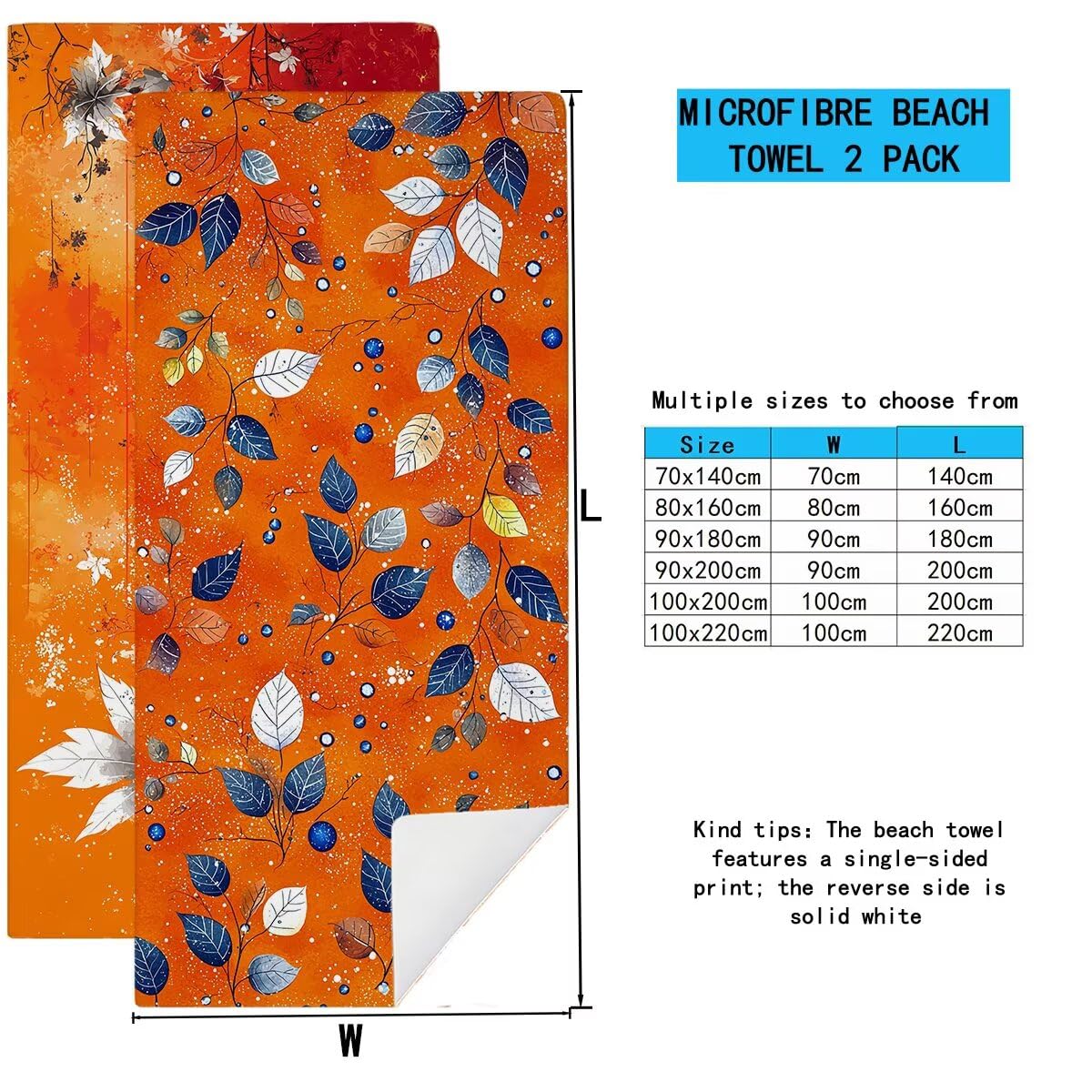 Ręcznik plażowy z mikrofibry, duży 100 x 220 cm, zestaw 2 szt., szybkoschnący, ręcznik do sauny, ręcznik fitness, palony pomarańczowy, chłonny ręcznik kąpielowy, ręcznik sportowy, bez piasku, ręcznik