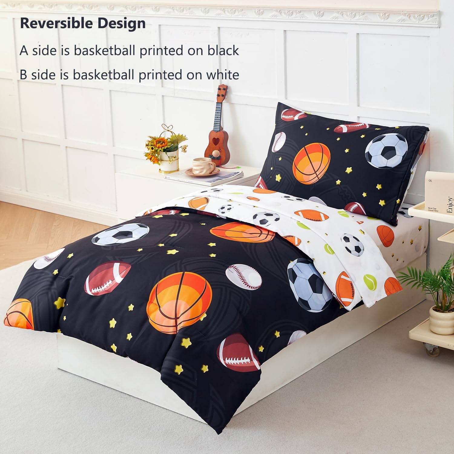 PERFEMET Sports Theme Toddler Boys Bedding Set 4 Pieces Basketball Football Printed Toddler Comforter Set Reversible Design Ball Games Bed in A Bag (Black)