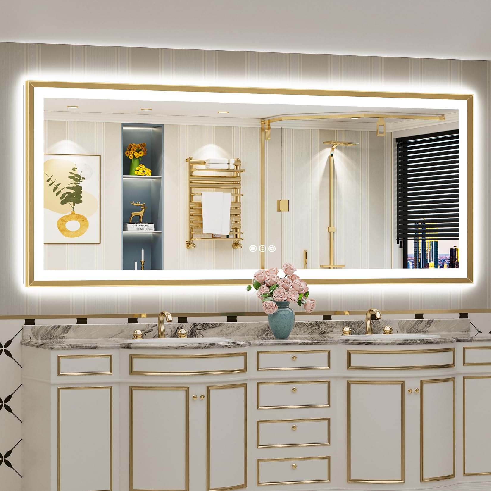 88x38 Gold Beveled LED Lighted Bathroom Mirror, Backlit &amp; Front Lit