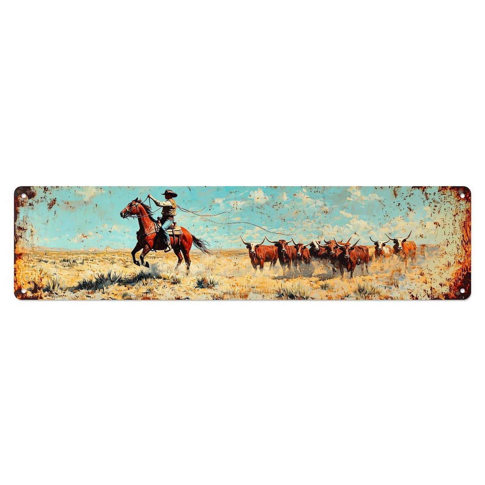 Cowboy Herding Cattle On Horseback Metal Tin Sign Plaque