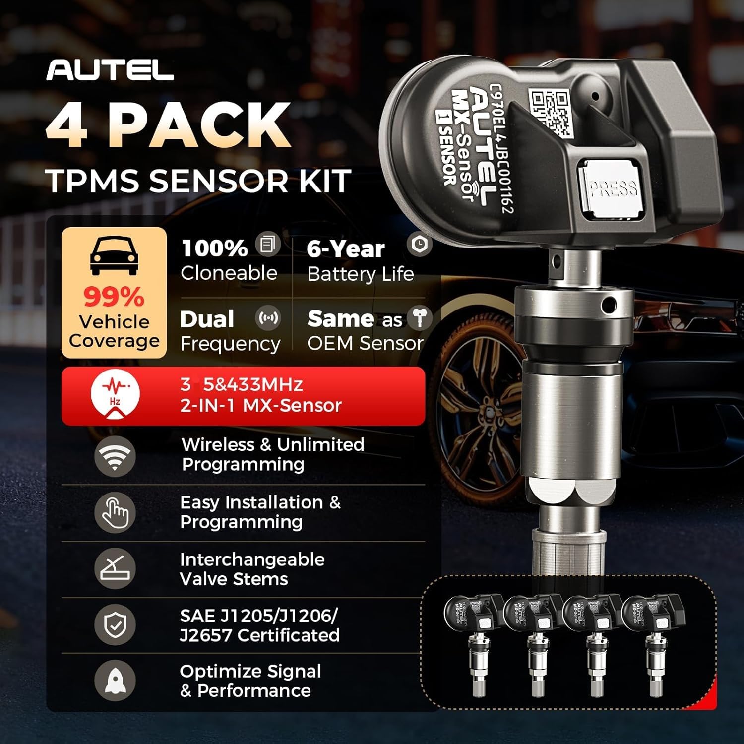 Czujnik Ołtarza MX-Sensor TPMS, Wymiana Czujnika Podwójnej Częstotliwości do Wszystkich Samochodów, Identyczny z Czujnikiem OE, System Monitorowania Ciśnienia 100% Klonowany (Metalowy Zawór, 4 Sztuka)