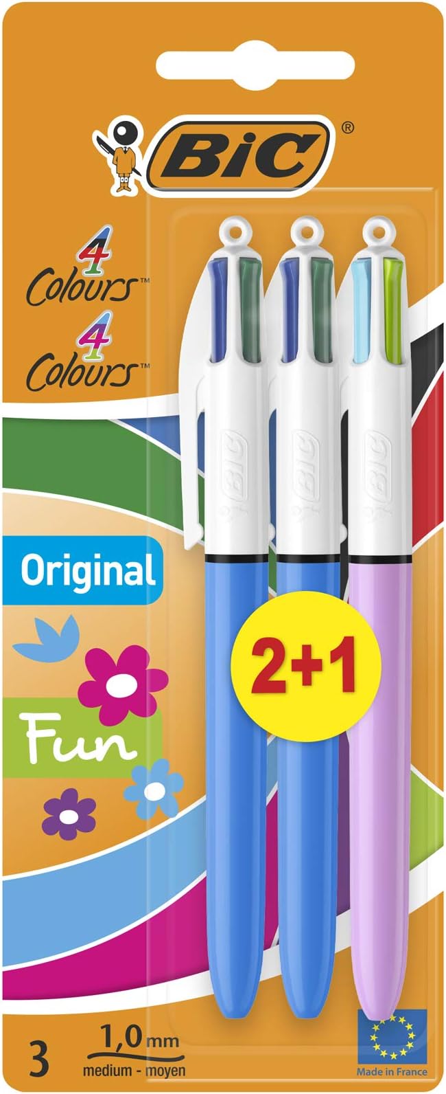 Bic 4 Colours Original and Fun Ball Pens - Medium Point (1.0 Mm), Assorted Barrel Colours, Mixed Pack of 2+1, 883783