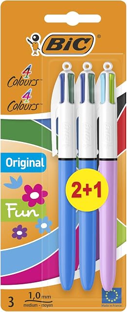 BIC 4 Colours Original and BIC 4 Colours Fun Ball Pens Medium Point (1.0 mm) - Assorted Barrel Colours, Mixed Pack of 2+1