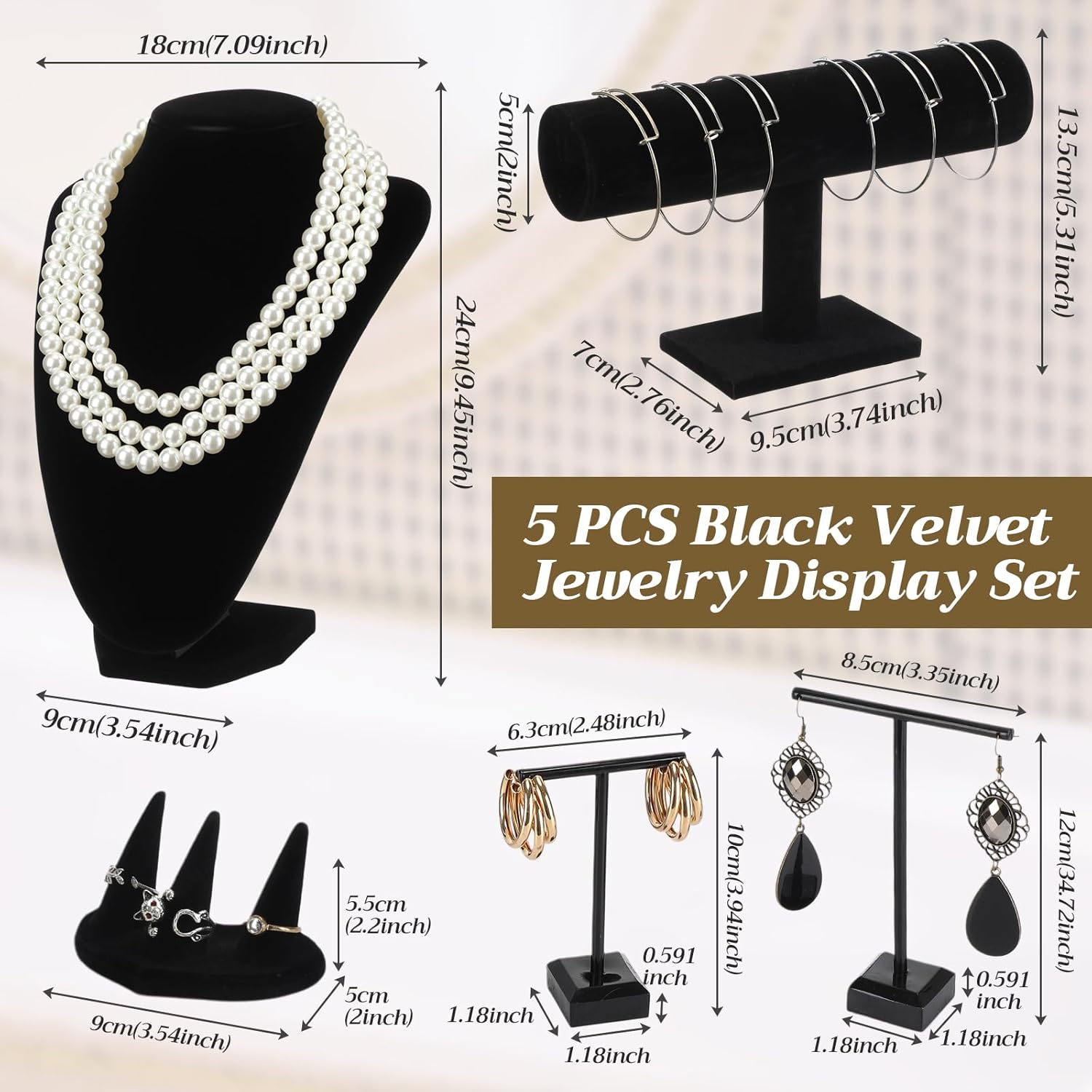 Novabright 5 Pcs Velvet Jewelry Display Set Necklace Bust Holder T Bar Bracelet Earring Holder Ring Finger Jewelry Display Stand