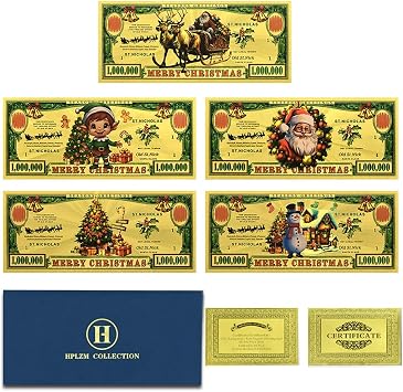 5pc/Set Christmas Golden Banknote Set, 5 Pcs Million Dollar Notes with Certificate Santa Claus, Reindeer, Snowman, Elf & Christmas Tree Designs Collectible Festive Decoration