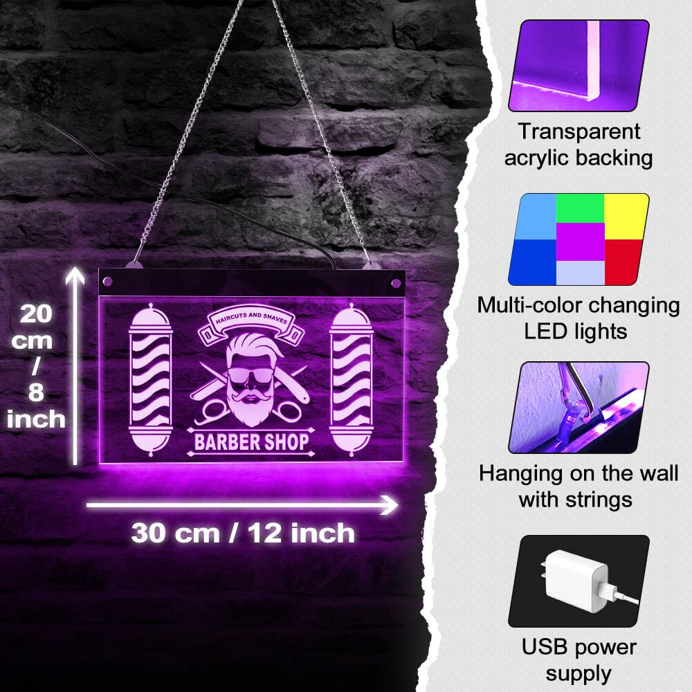 The Geeky Days Custom Barber Shop LED Neon Sign with Remote Control 7 Color Changing Light Barber Pole Styling Logo Haircuts And Shaves Acrylic Hanging Decorative Board Hairdresser Gift