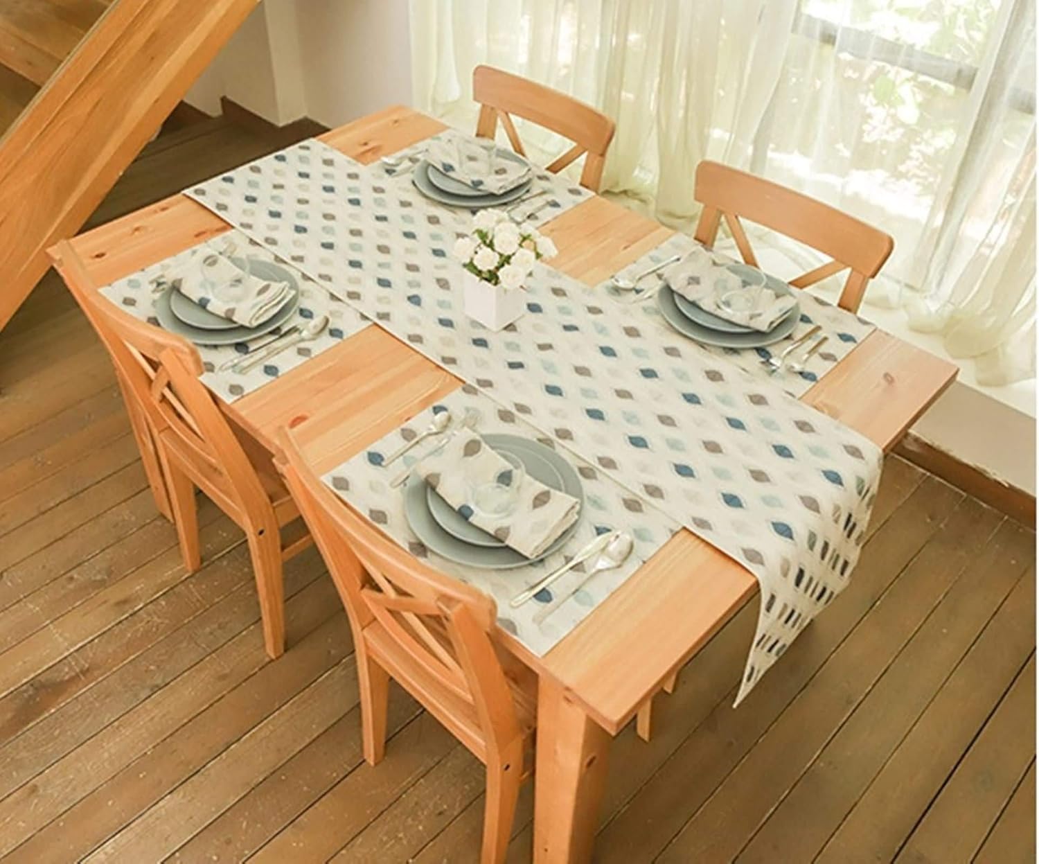 Autumn Table Runner Rectangle,35x183CM,Geometric and Leaves Pattern Table Runner Modern Polyester,Table Runner Decor Blue