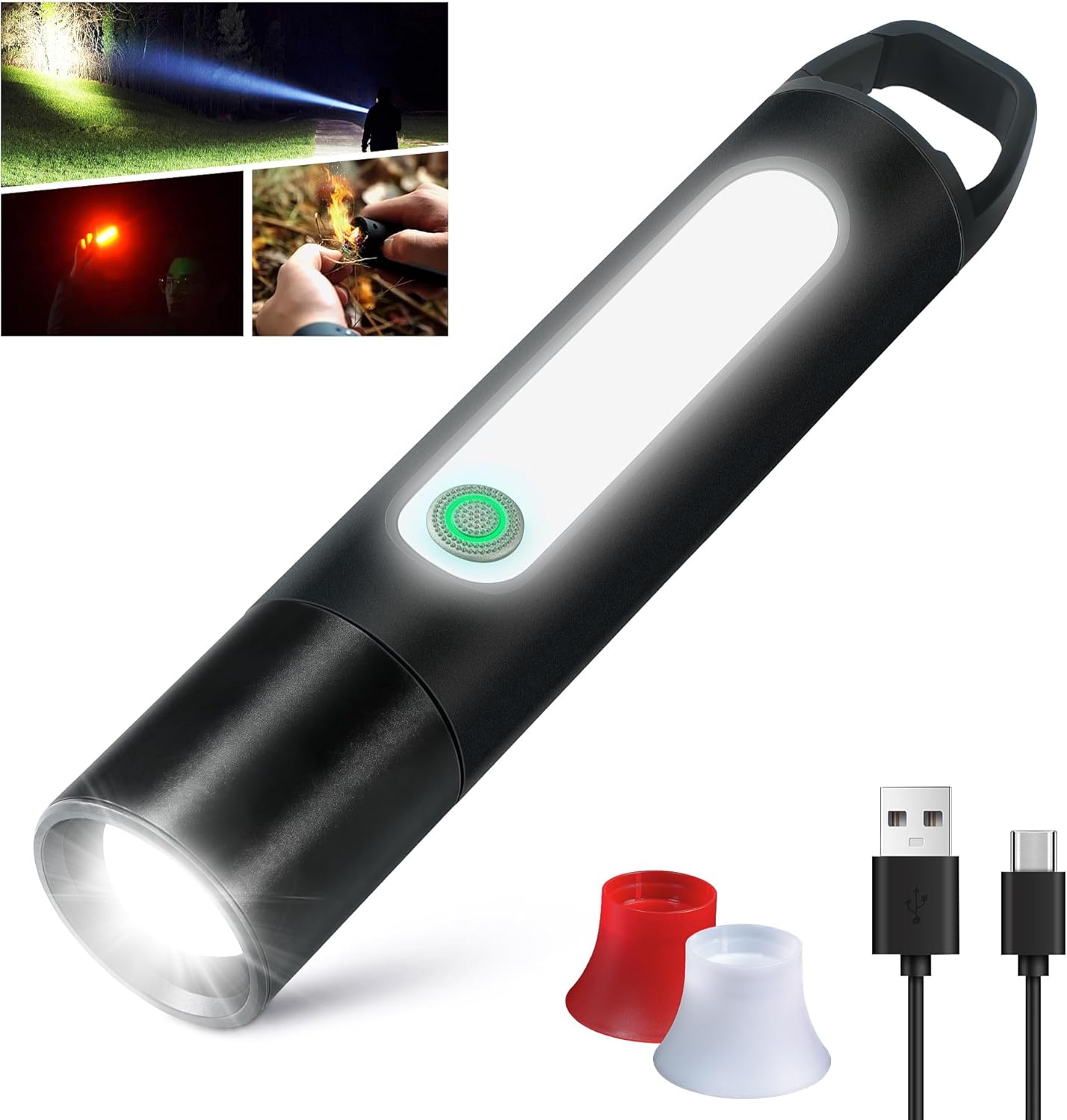 LED Rechargeable Flashlights High Lumens with COB Sidelight and Ignition 9 Modes Zoomable Bright Handheld Flash Light Ambient Light Electric Arc Portable Camping Flashlight with Spring Hook
