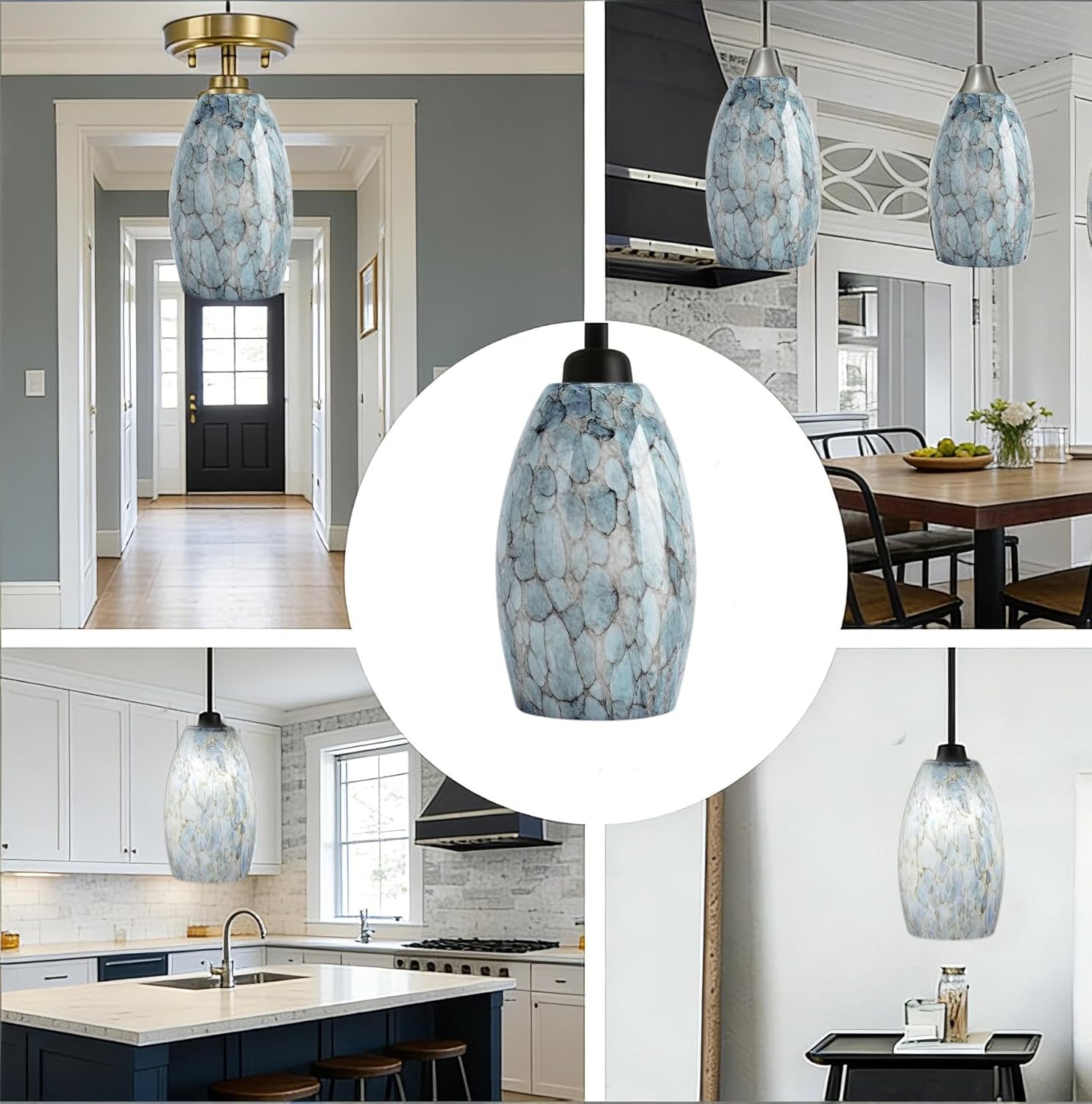 Glass Pendant Light Shade 7.64"H, Blue Oval Lamp Cover Replacement for Kitchen Island, Modern Globe Light Cover, Decorative Glass Ceiling Chandelier Shades, Hanging Pendant Lamp Shade Only, 3 Pack