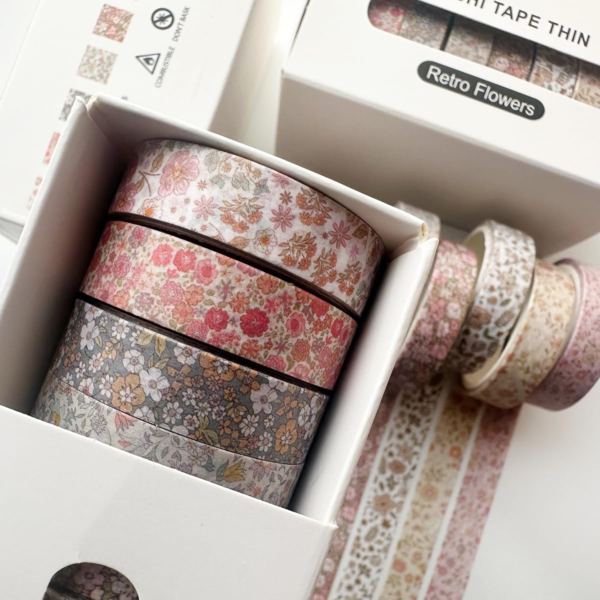 Zestaw taśm Washi w stylu vintage, 8 rolek, cienkie, dekoracyjne, antyczne wzory, taśmy maskujące do sztuki, rękodzieła, dzienników, planerów, scrapbookingu, pakowania (małe kwiaty)