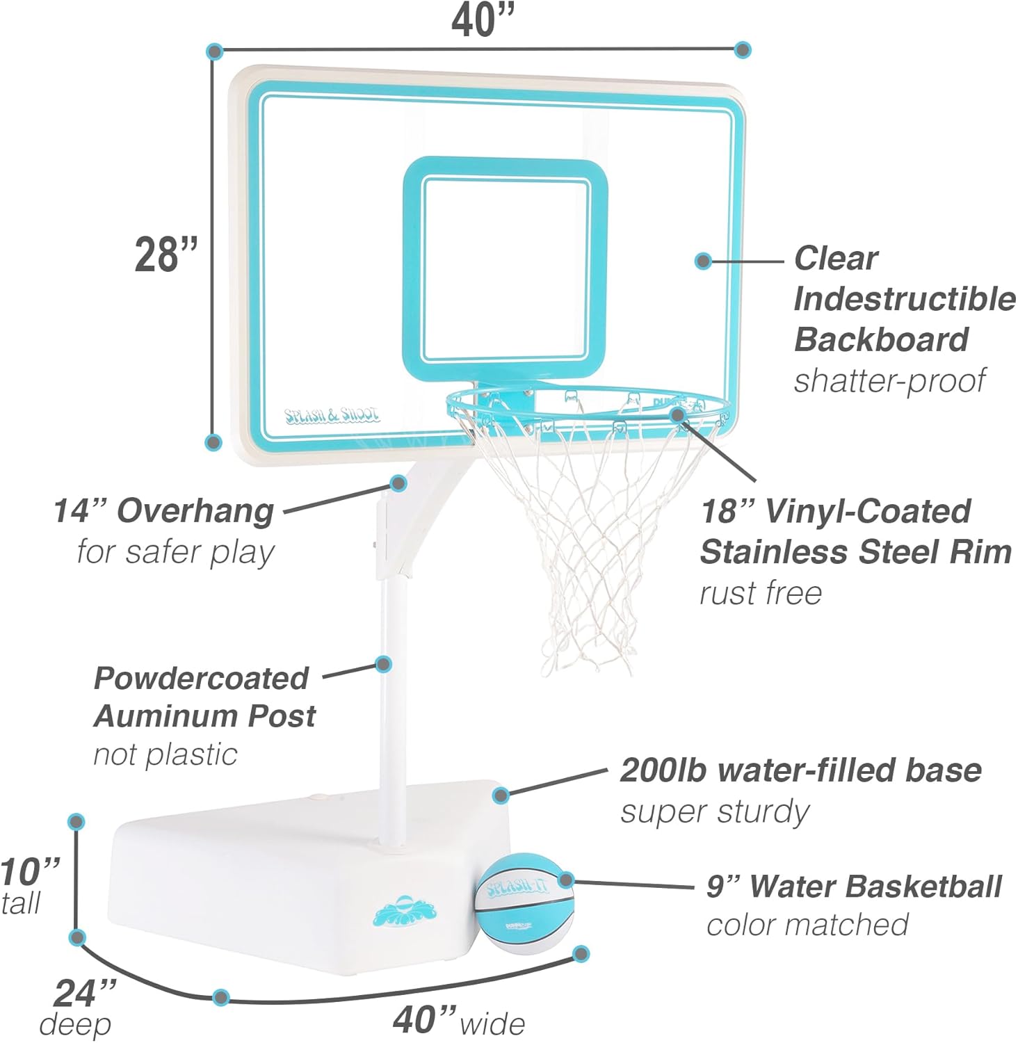Dunn-Rite Splash & Shoot Pool Basketball Hoop, Adjustable Height Backboard – 200lbs Water-Filled Base, Stainless Steel Rim & Waterproof Basketball, Made in USA, Clear Aqua