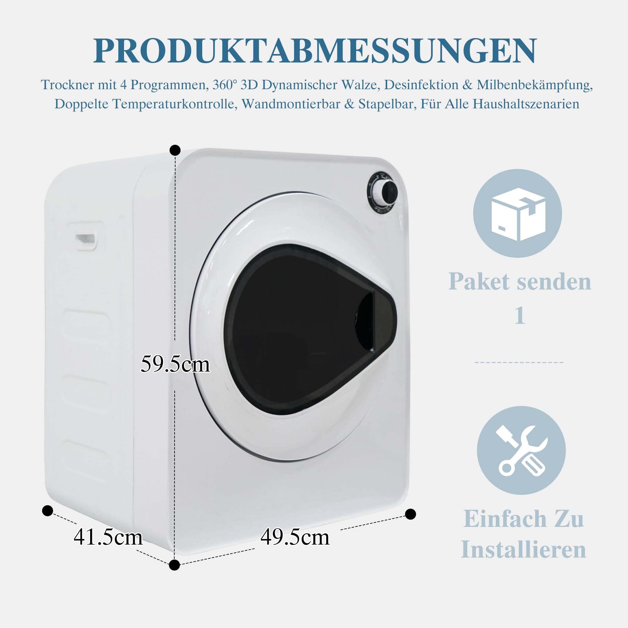 Secadora de 3 kg de capacidad nominal (4 kg eficaz) con calefacción de cerámica PTC, tambor de acero inoxidable, 4 programas de secado, función de refrigeración, doble seguridad, apilable y montaje en
