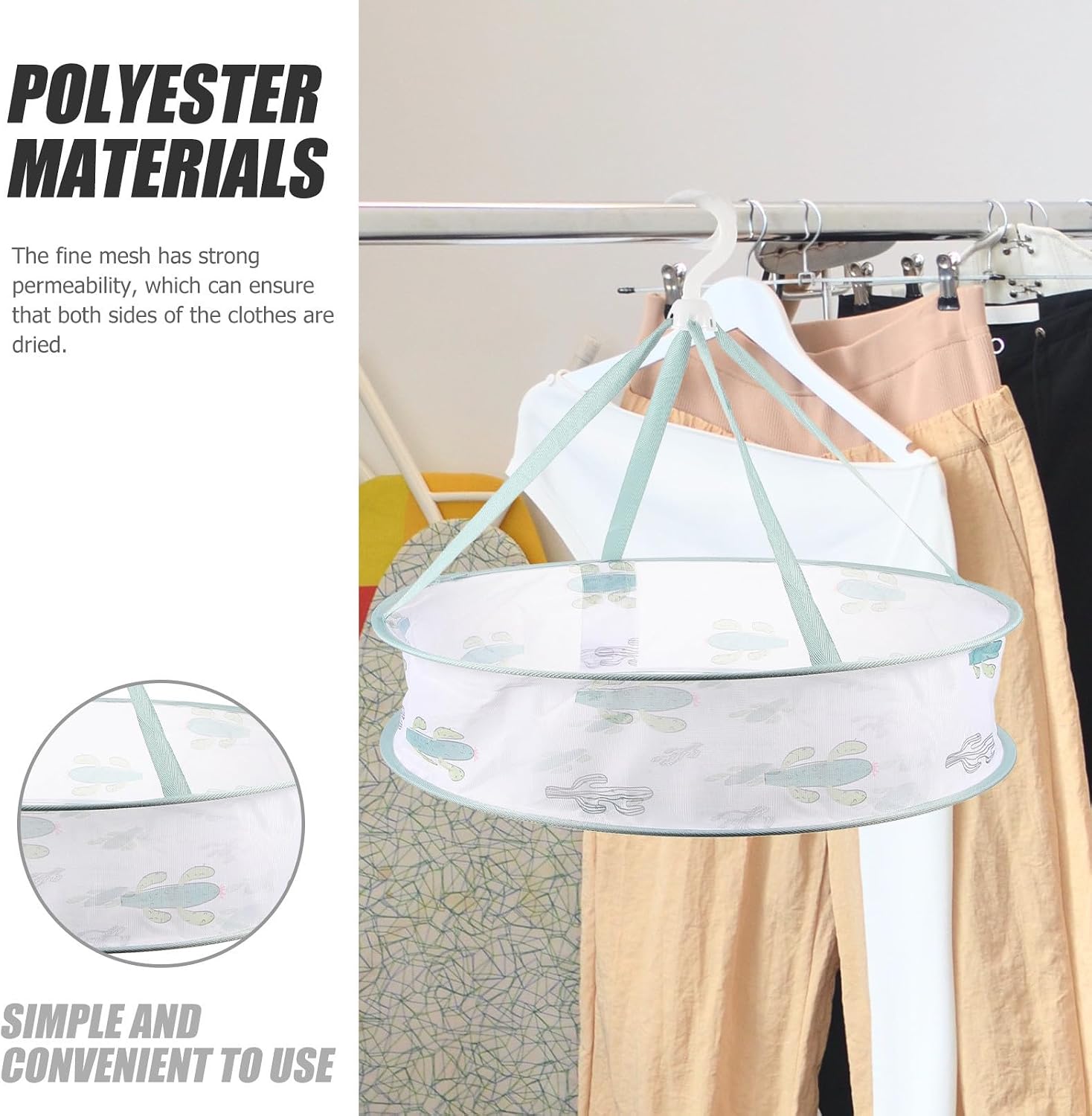 Green Polyester Hanging Drying Basket with Fixed Hook, Breathable Mesh