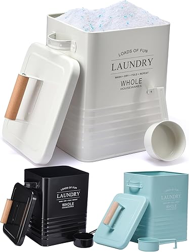 Whole Housewares Contenedor de detergente para ropa  Dispensador de jabón en polvo de lavandería de metal con cucharón, tapa hermética y asas,