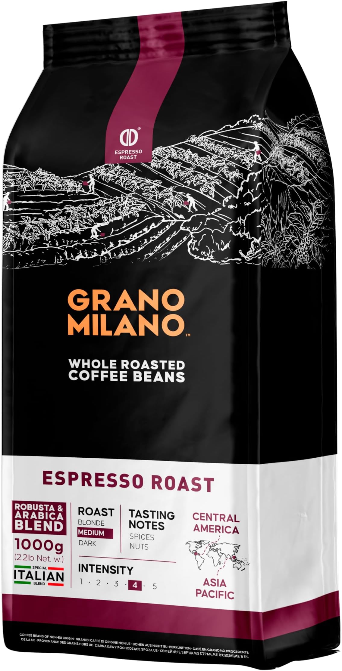 Grano Milano Coffee Beans 1kg Espresso Roast 80% Robusta, Medium Roast Intensity 4/5 Strong Coffee, Made in Italy, (Packaging May Vary)