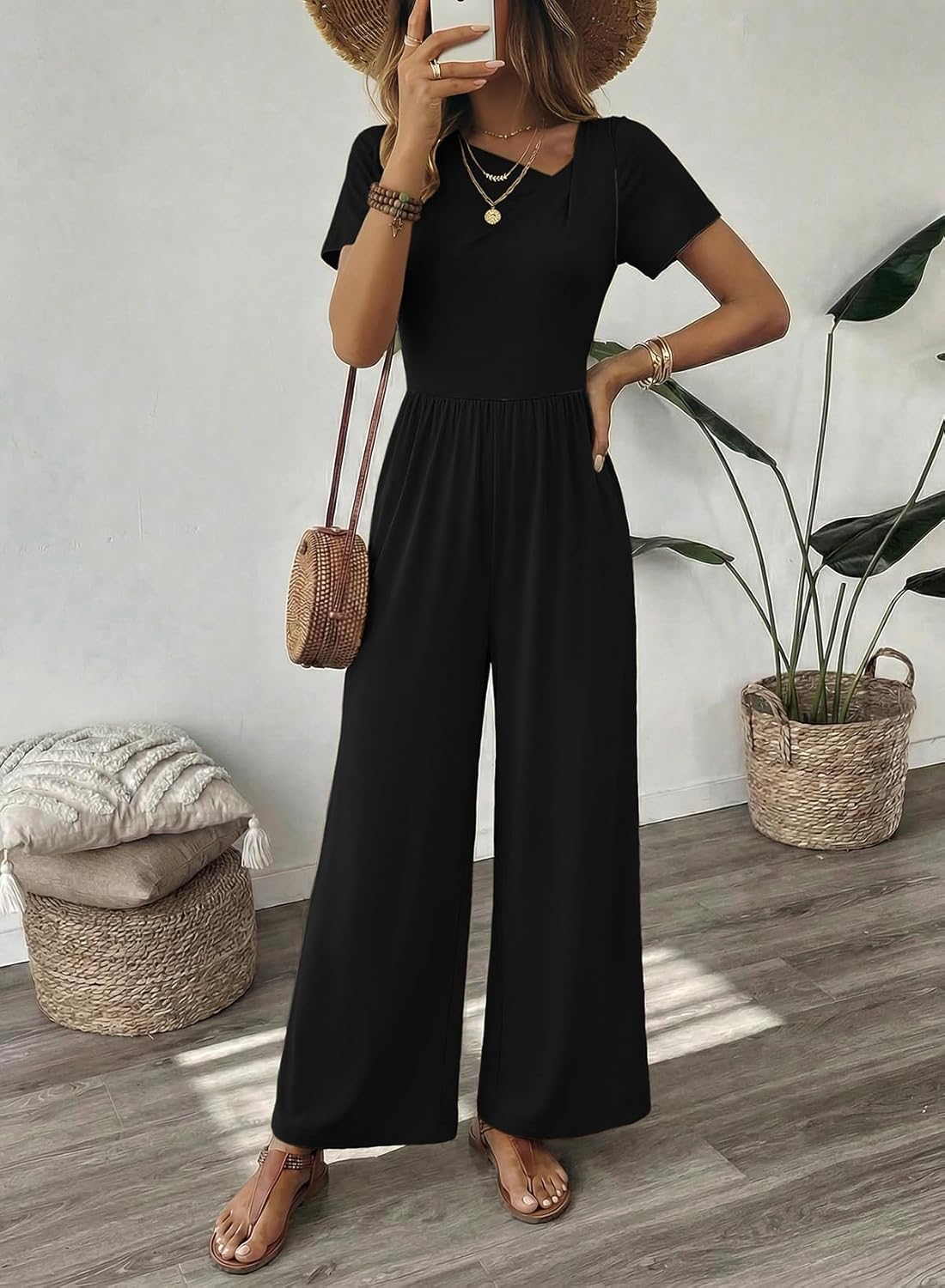 Dokotoo Women's Dressy Casual One Piece Jumpsuits Short Sleeve Wide Leg Pants Rompers Vacation Summer Outfits - Image 3