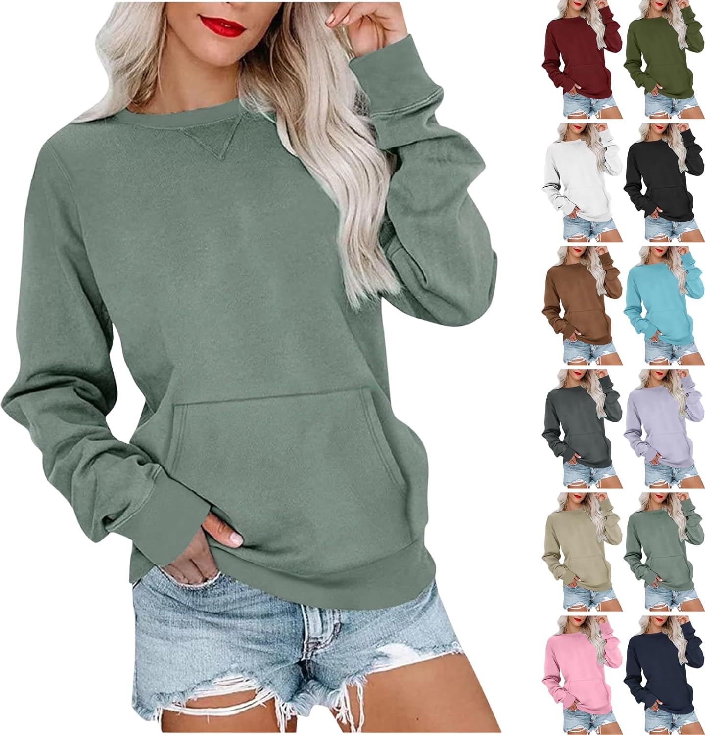 Womens Fashion Sweatshirts Solid Color Casual Round Neck Pullover Tops Loose Fit Fleece Pockets Hoodie Fall Clothes