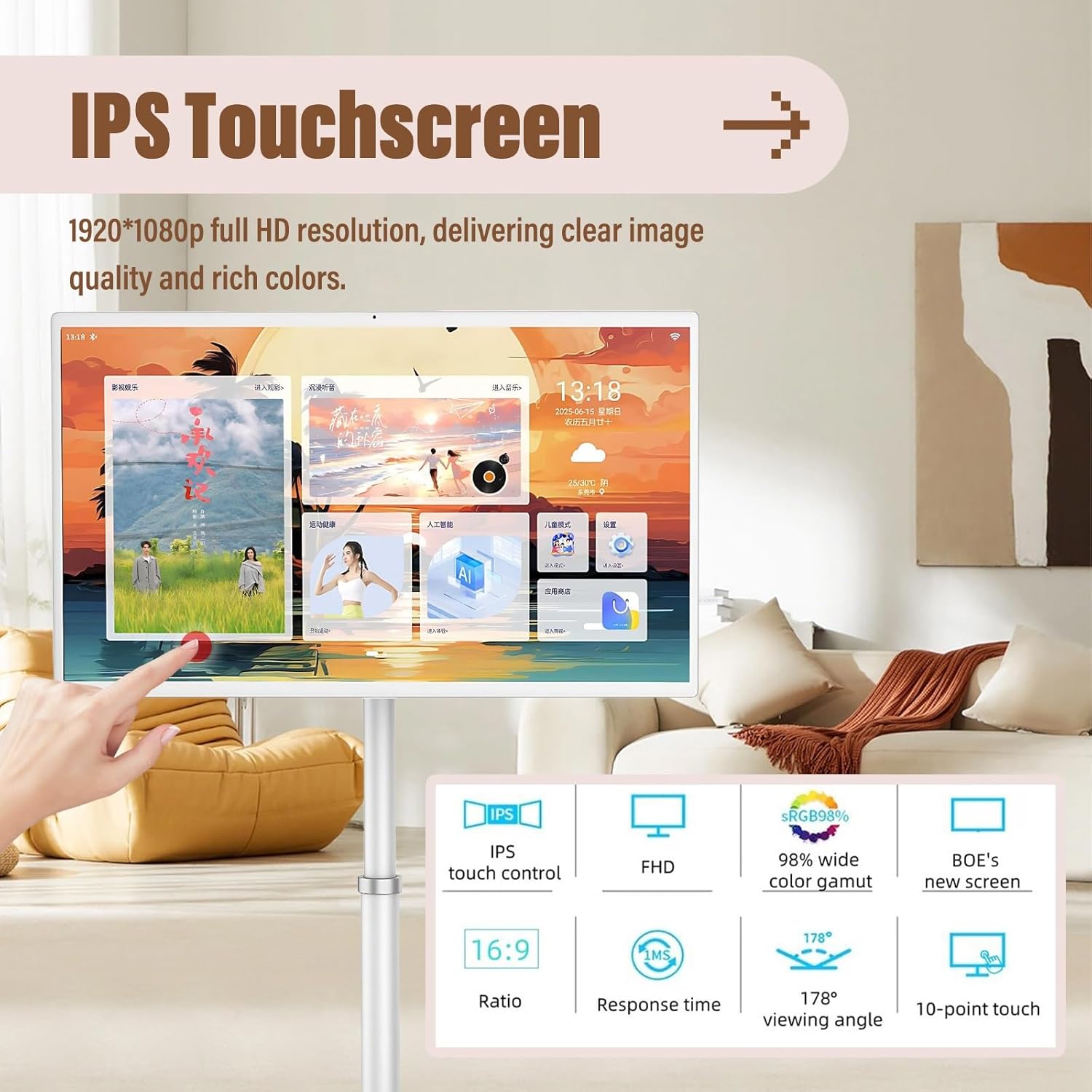 32 Inch Portable TV with Built in Battery, Touch Screen Smart TV Tablet, Mobile Smart TV on Wheels, Full HD 1080p Display for Family Movie Night