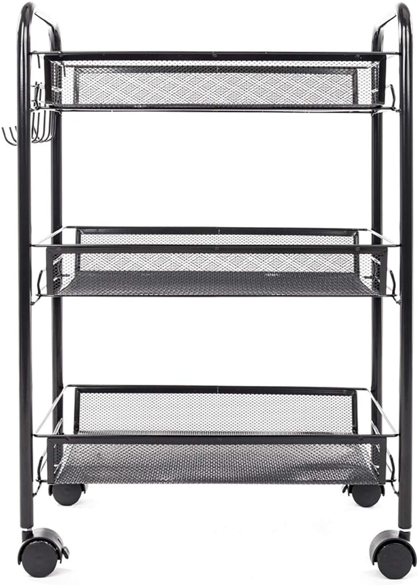 Exquisite Honeycomb Net Three Tiers Storage Cart with Hook Black Utility Storage Organizer Shelf Rack for Kitchen Living Room Bathroom MITPATY