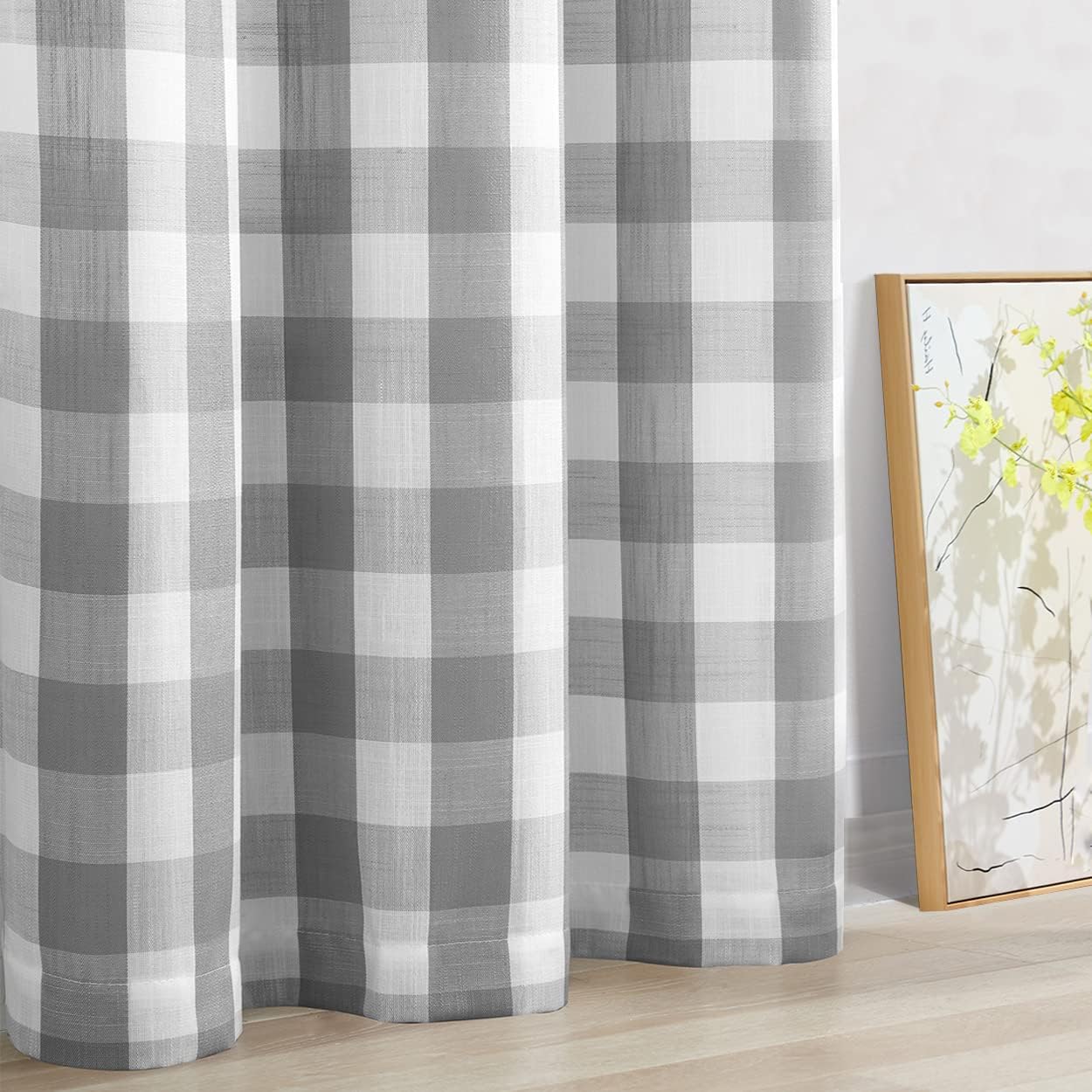 Jubilantex Grey White Buffalo Check Semi Sheer Curtain Panels Gingham Plaid Textured Curtains Drapery,Farmhouse Grommet Window Drapes for Living Room Bedroom Kids Room,2 Panels,40"x95"